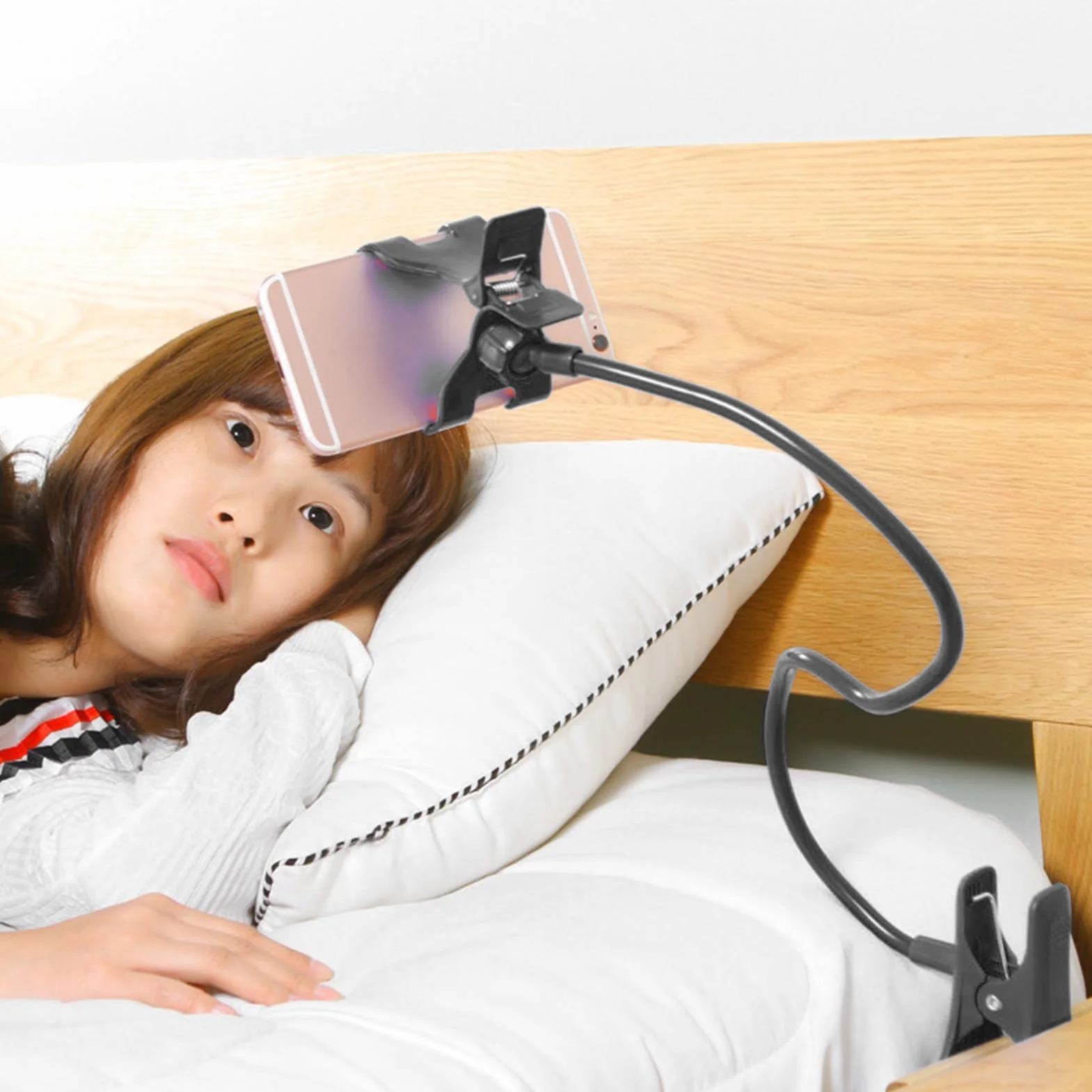 Générique Support Téléphone à Col de Cygne - Bras Long Réglable avec Support pour Tête de Lit ou Chevet,Pince Multifonction pour Smartphones - Fixation Stable Gym, Chambre, Cuisine