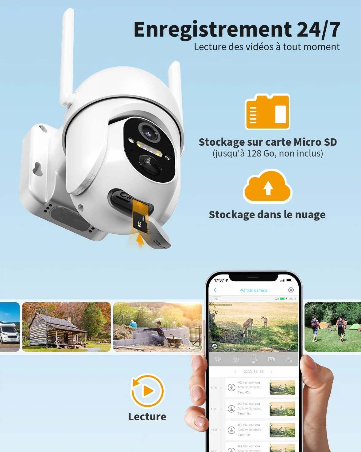 Caméra de Surveillance extérieure 4G LTE- Batterie avec Carte SIM- Caméra PTZ Solaire sans Fil 2K- sans Wi-FI- Pivote à 355°/100°- Vision Nocturne Couleur- Audio- Détection Humaine PIR- IP66