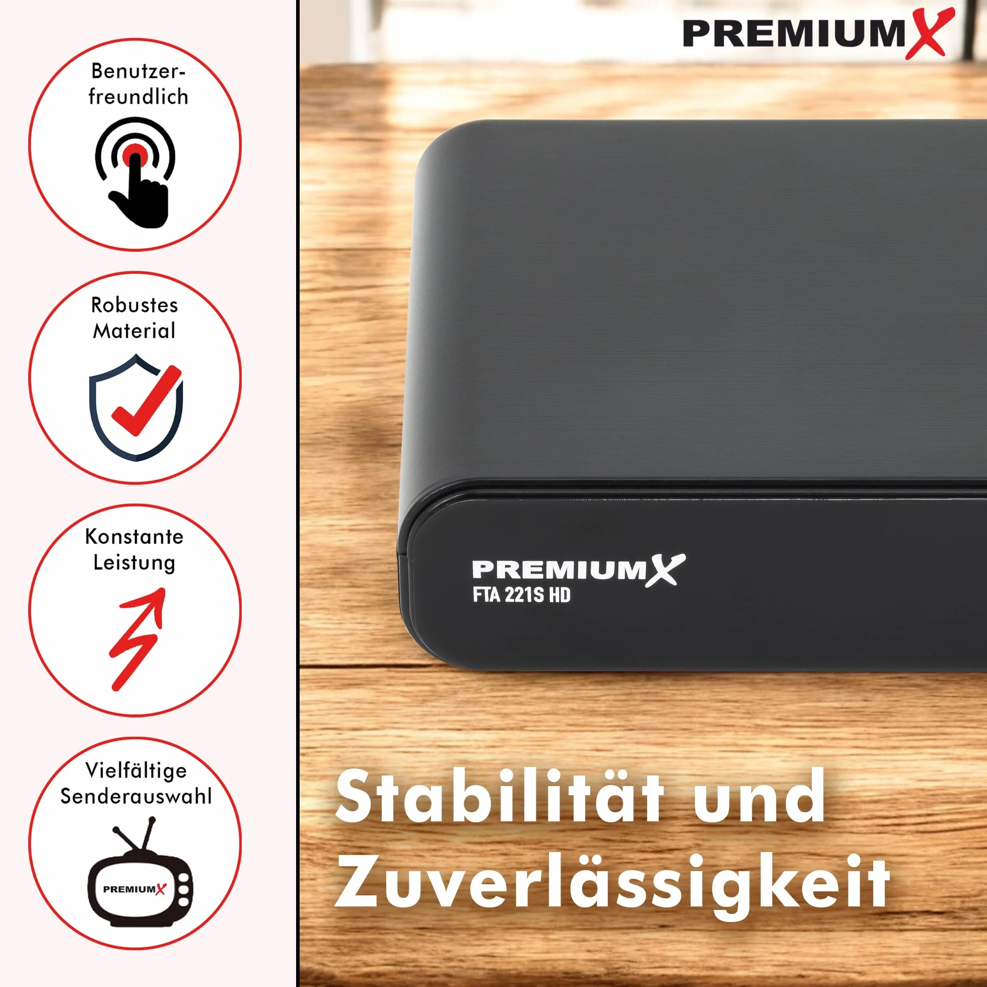 Récepteur satellite Premium X HD 221S – Récepteur satellite numérique DVB-S2 FTA, compatible avec Unicable, HDMI et péritel, lecteur multimédia USB, émetteur allemand compact préinstallé