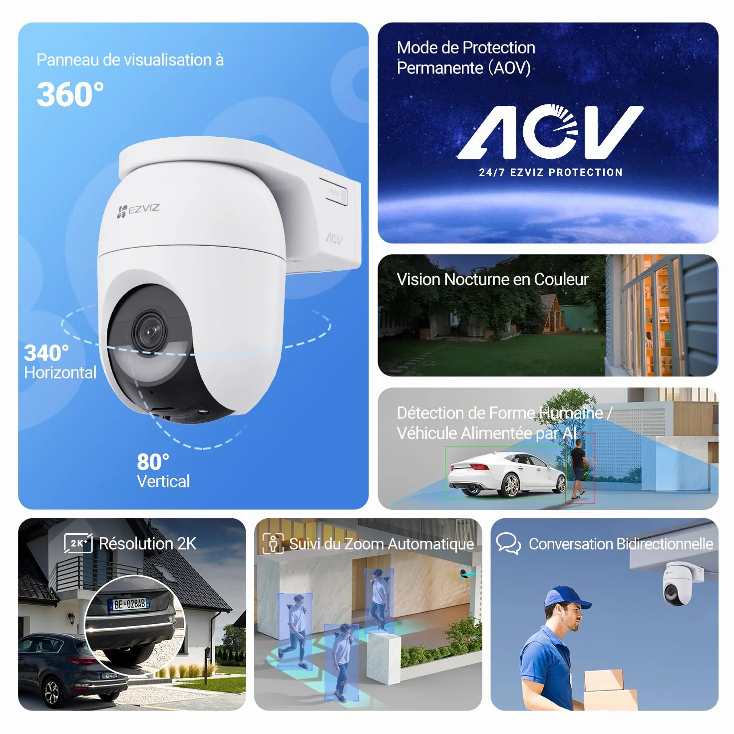EZVIZ CB8 Lite 4MP+5W Caméra Extérieure sans Fil 2K+ WiFi 6 PT avec Détection de Personnes et Véhicules