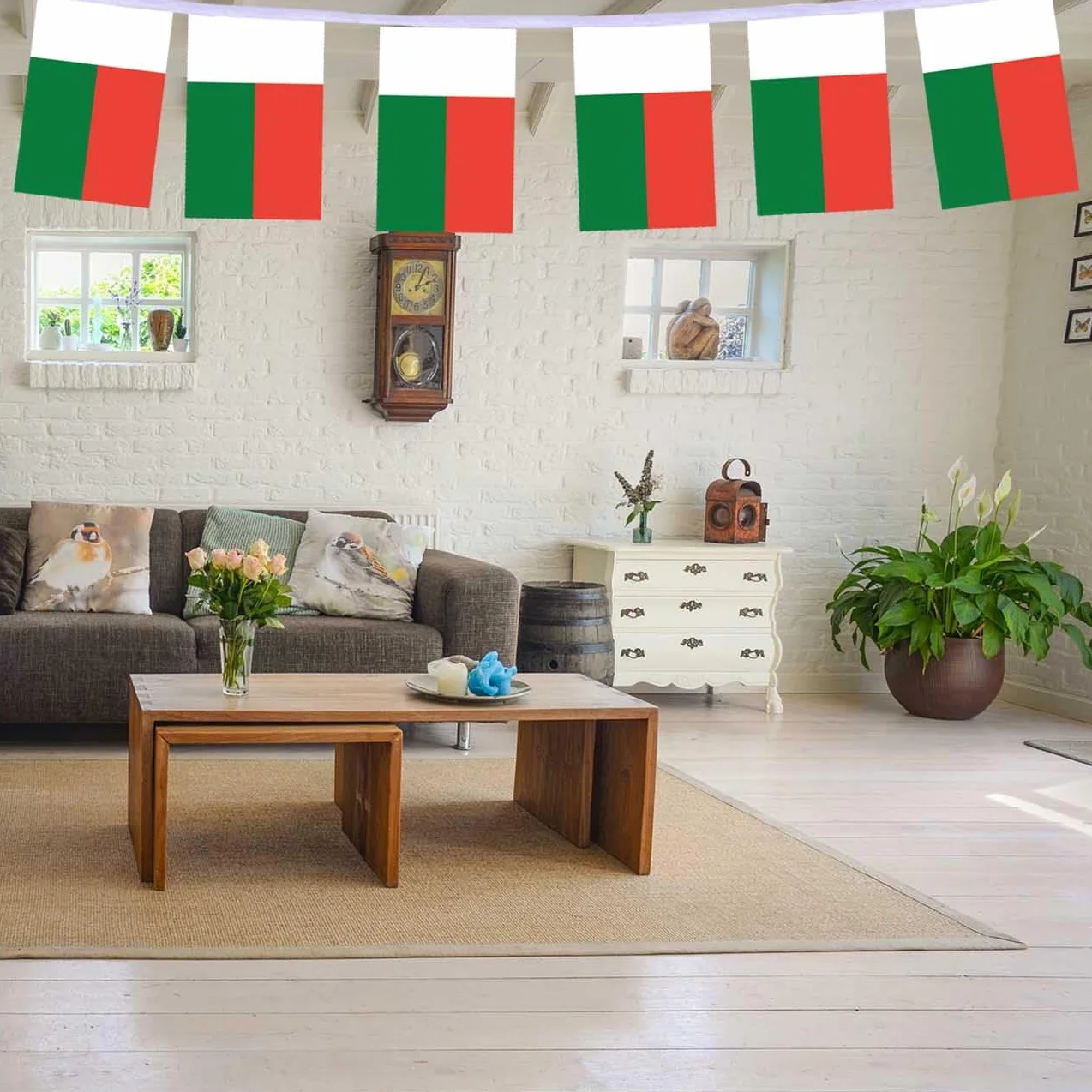 Lot de 30 drapeaux de Madagascar rectangulaires en corde 10 mètres bannières décoratives