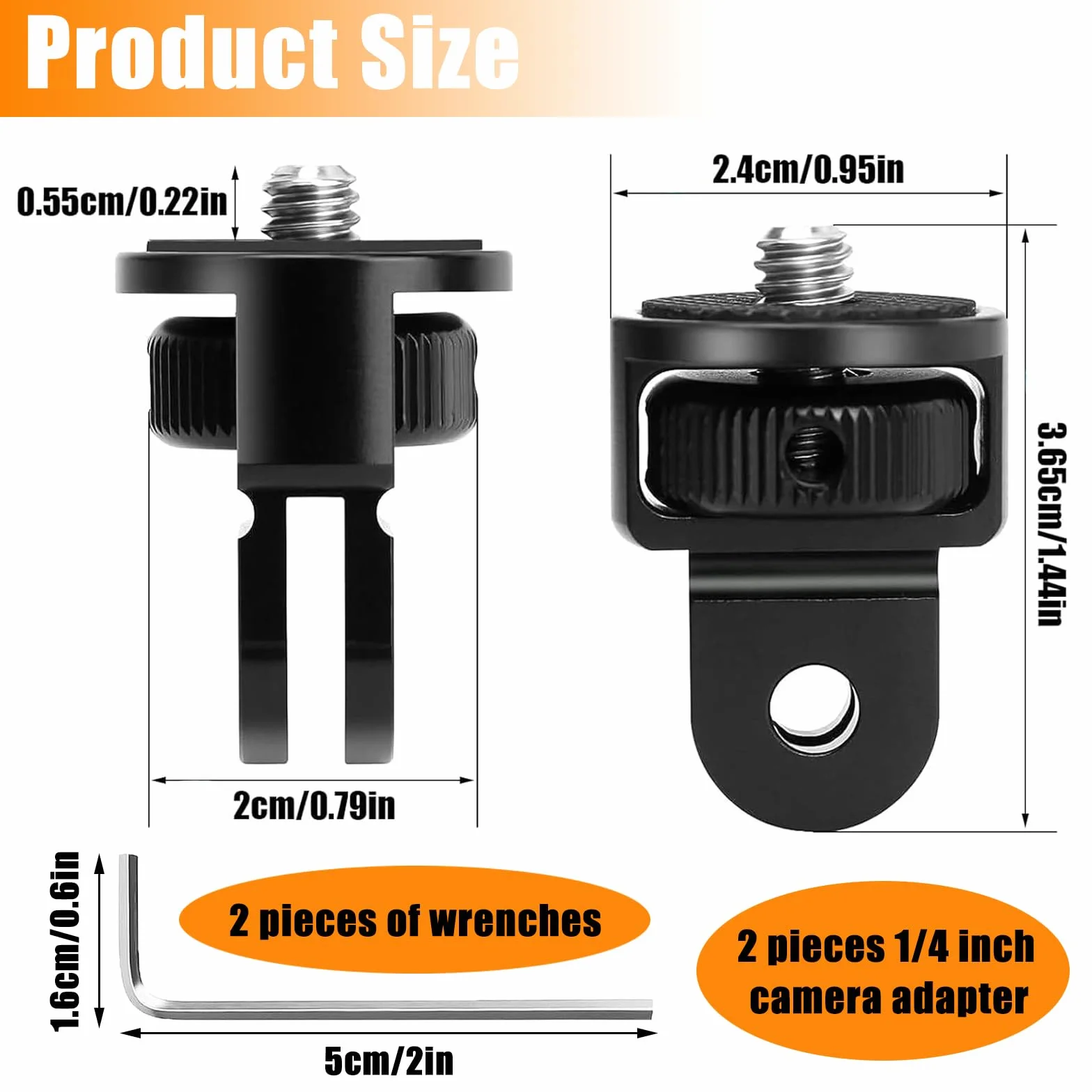 2 Pièces Adaptateur de Trépied en Aluminium, 1/4" Fixation de Trépied Compatible, Ajustement à 360 ° Adaptateur de Caméra, avec 2 Clés, pour Gopro Hero10, Sjcam Caméra(Noir)