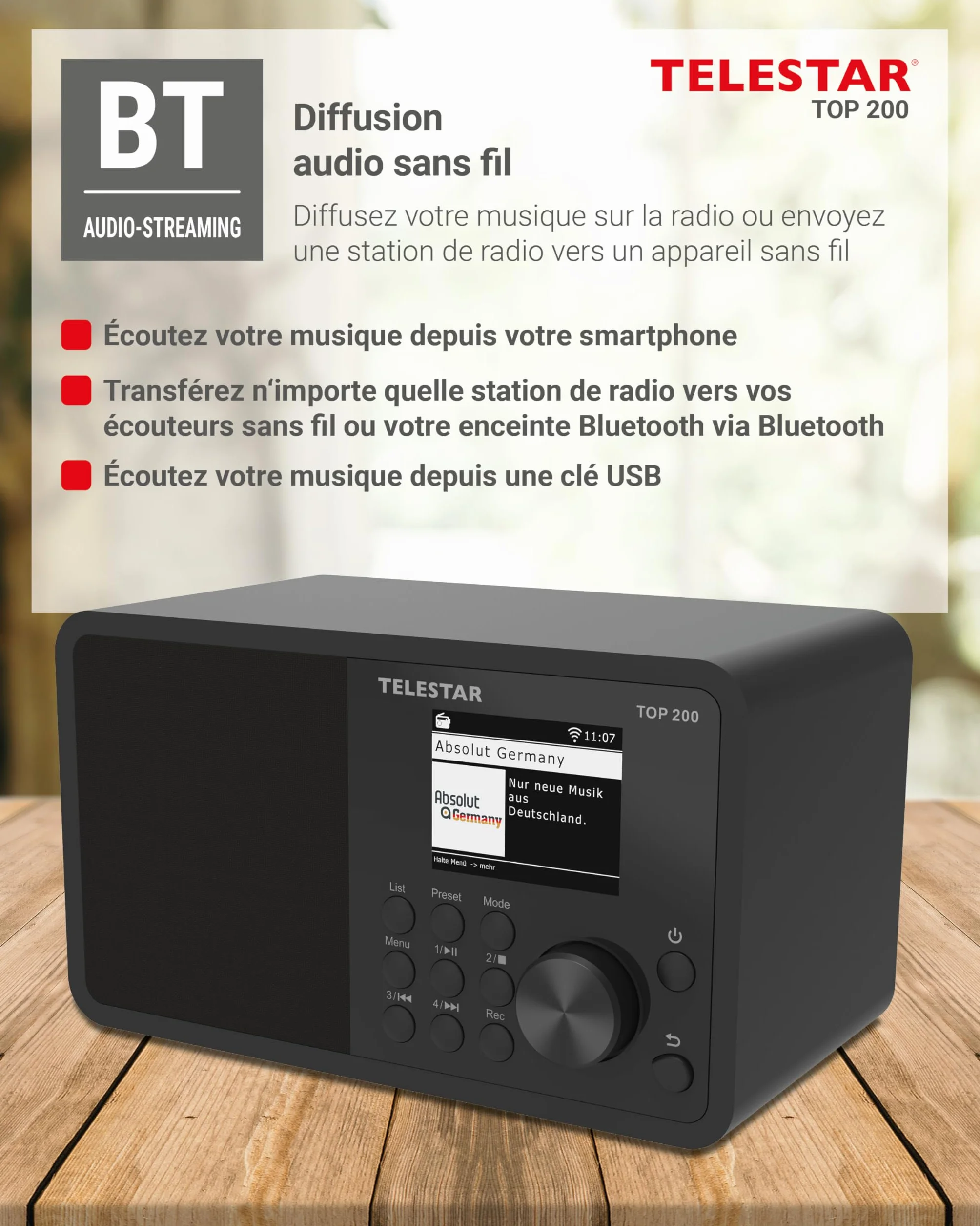 TELESTAR Top 200 – Radio Dab Plus -Internet (Mono, 10 W, Bluetooth Audio-Streaming & Fonction émetteur, Enregistrement USB, système d’Alerte d’Urgence, contrôle Via Application) – Noir