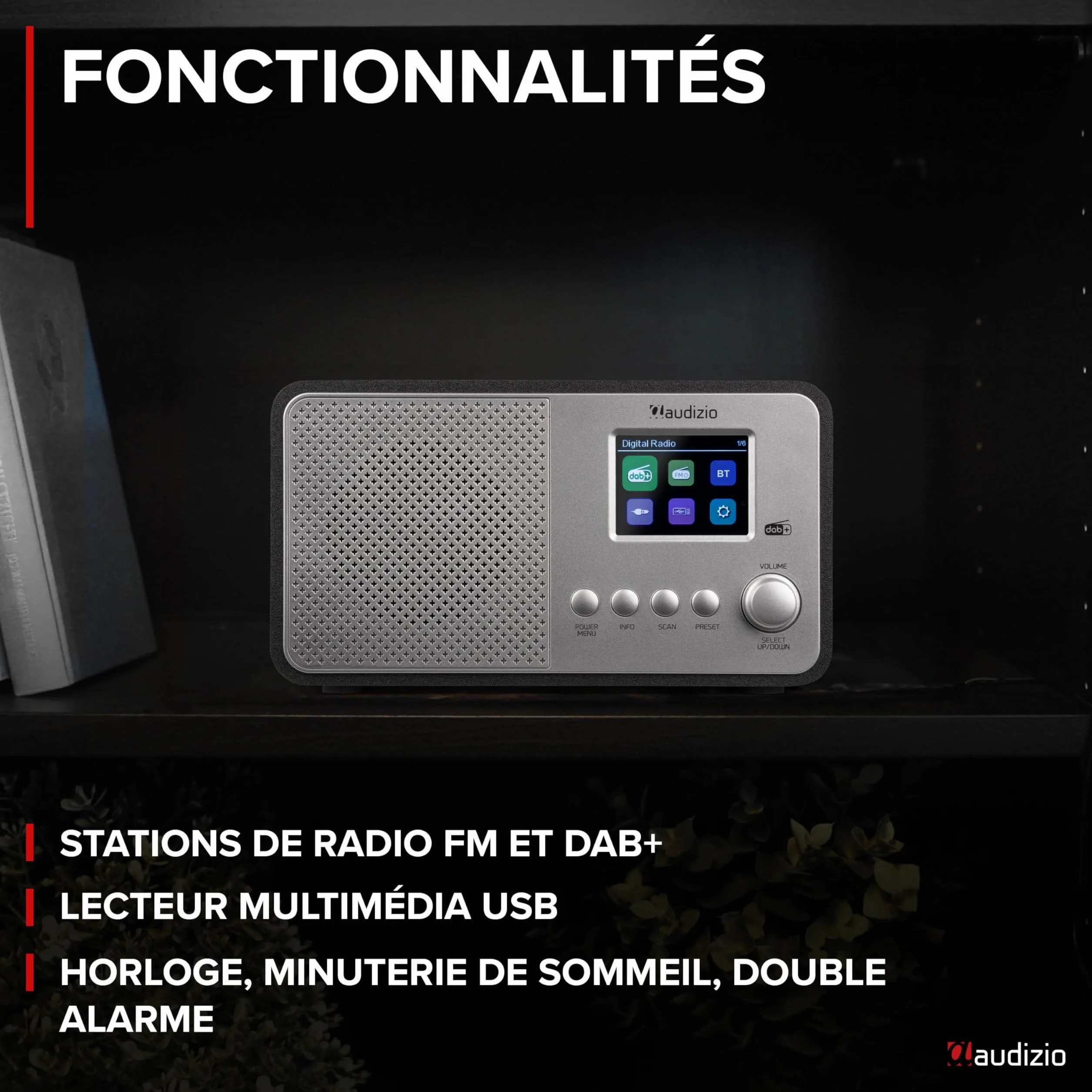 Audizio Avio Radio Dab+ Bluetooth 5.0 - Aluminium, 20 Stations Enregistrables, Écran Couleur 2,4", Haut-Parleur Intégré, Port USB, Idéale pour Écouter la Radio à la Maison