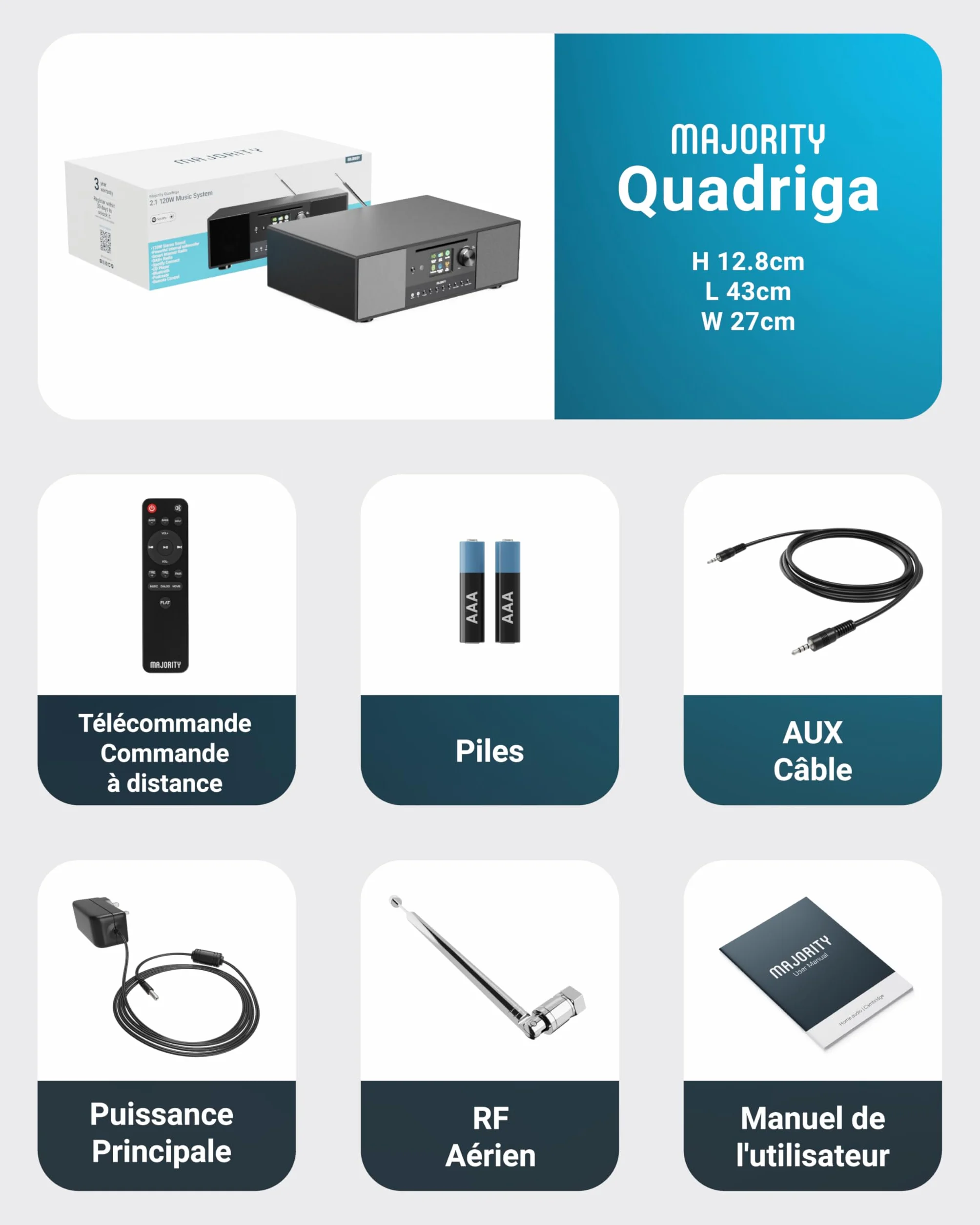 Radio Internet, Lecteur CD, Radio FM Dab+ et Caisson de Basses Puissant | Système Stéréo 2.1 120W | Bluetooth Activé | Spotify Connect et Podcasts | MAJORITY Quadriga