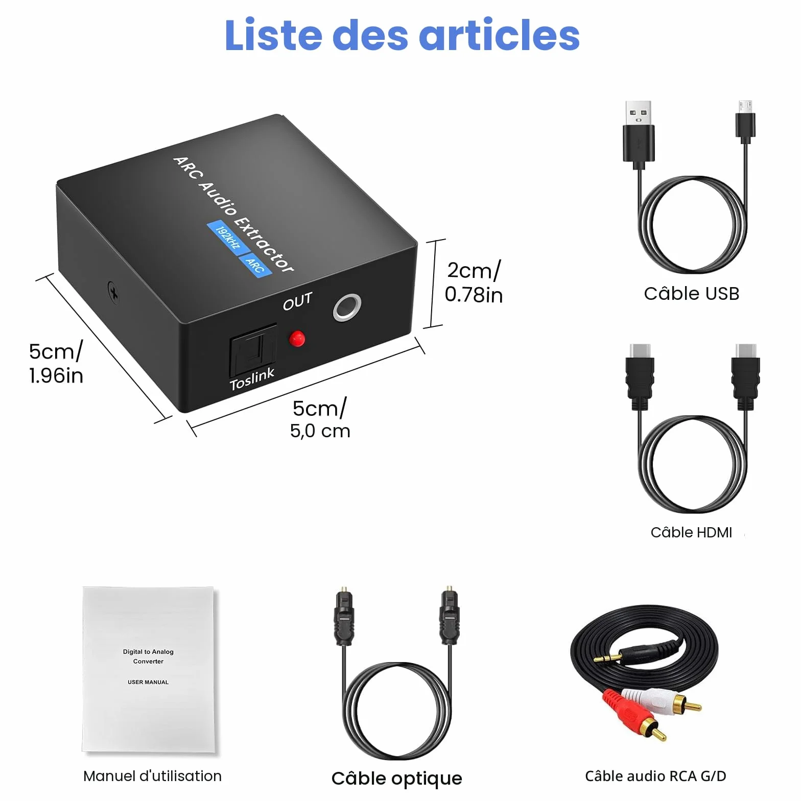 Extracteur Audio ARC 192 kHz, Adaptateur HDMI ARC Optique avec Câbles Optiques 3,5 mm, Convertisseur DAC pour Chaînes Stéréo et Amplificateurs