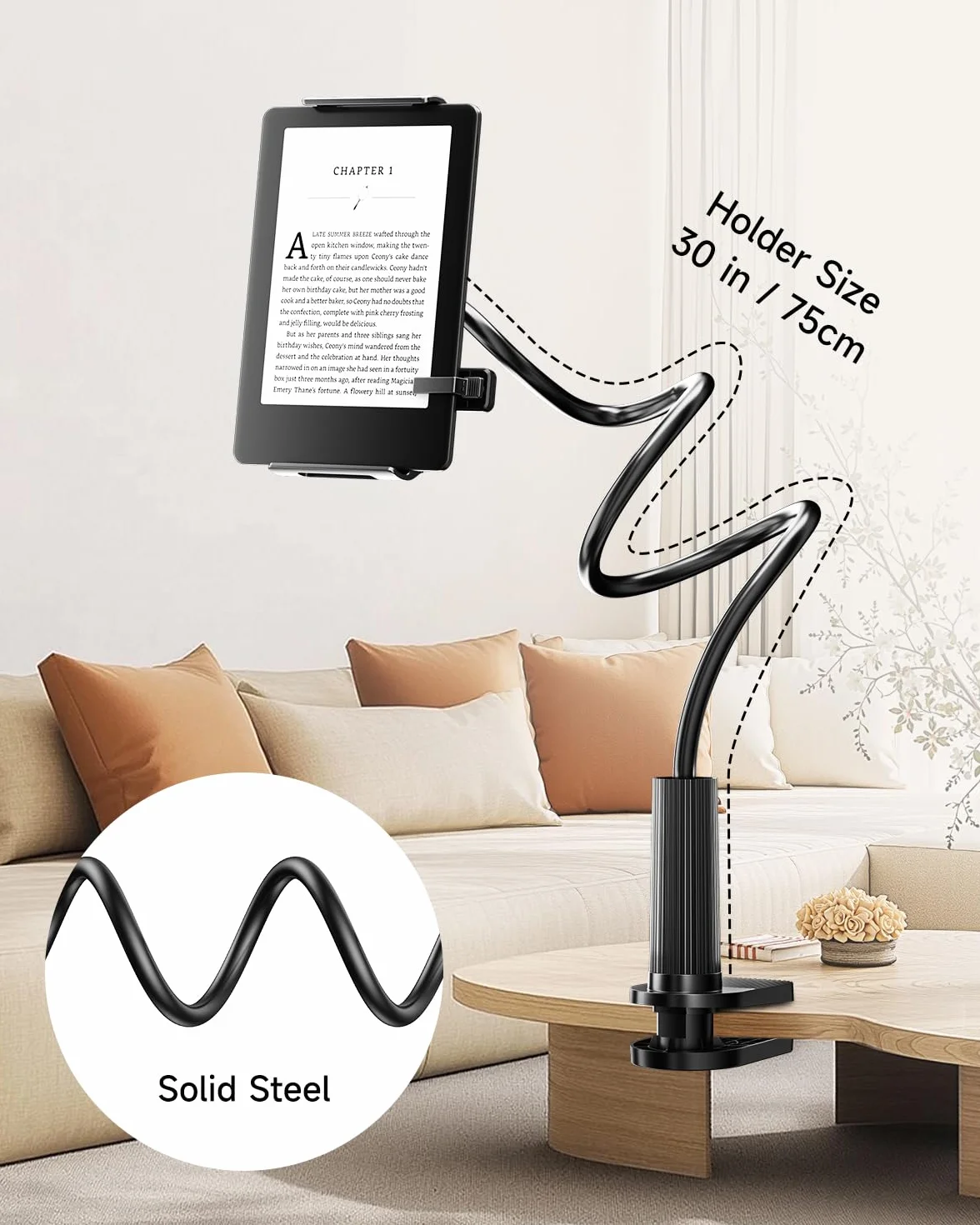 Support Kindle avec tourne-page à distance, support de lecture pour lit, bureau avec clic, pour Kindle Paperwhite, Oasis, iPad, iPhone et plus encore, tourne-page noir