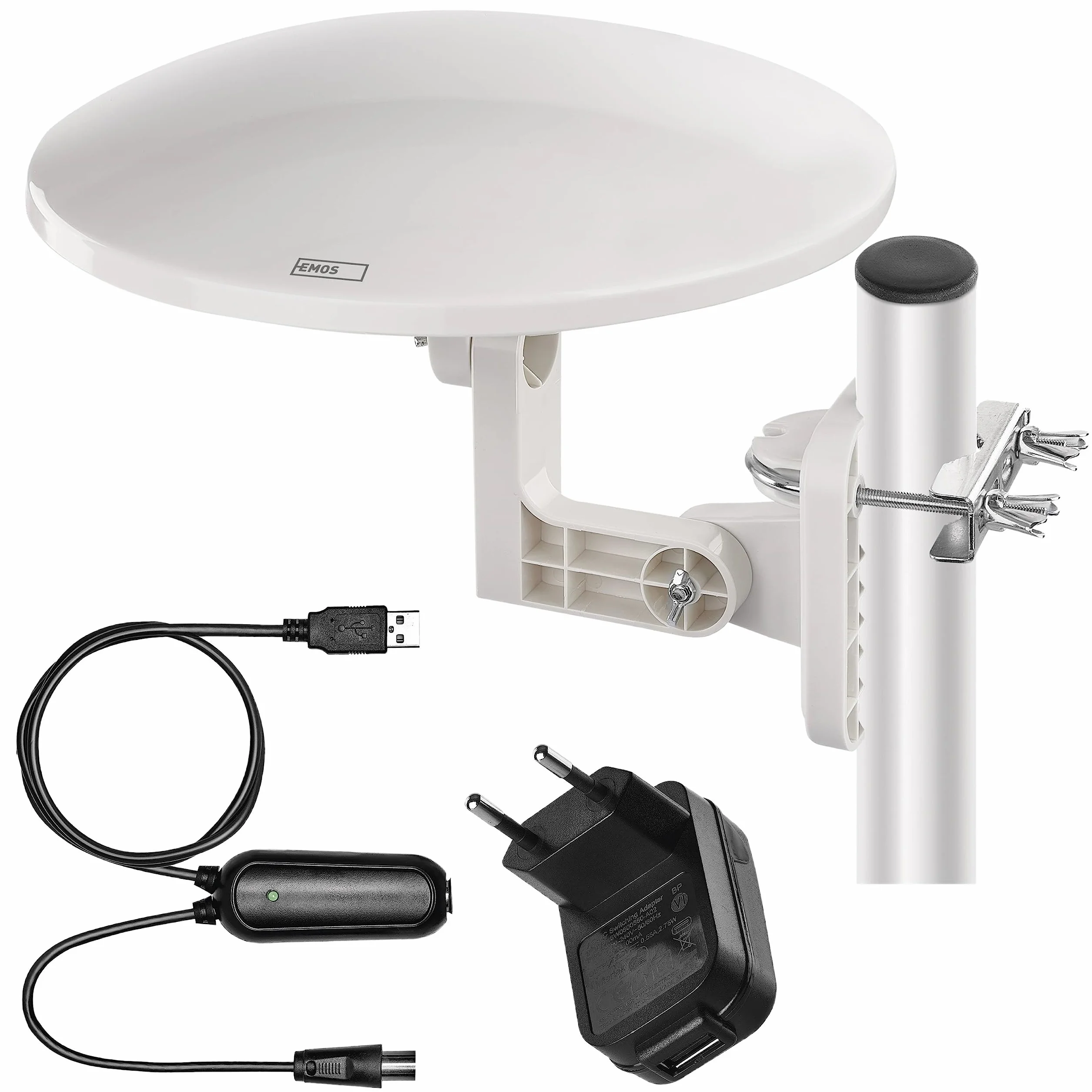 EMOS - Antenne numérique avec amplificateur - pour l'extérieur - Antenne Active Village - Portée 0-80 km - FM/Dab/DVB-T/DVB-T2 - Filtre LTE/4G/5G intégré - Angle de réception 360°