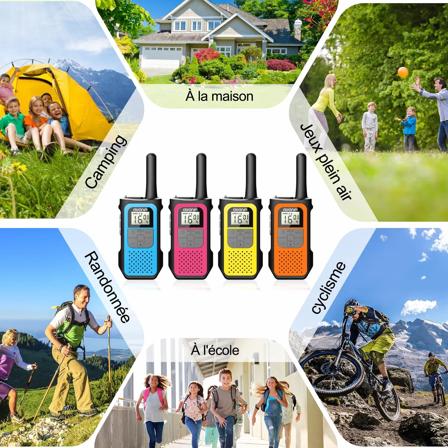 Talkie Walkie 4 Pièces Longue Portée Rechargeable USB C 16 Canaux pour Camping Randonnée Vélo