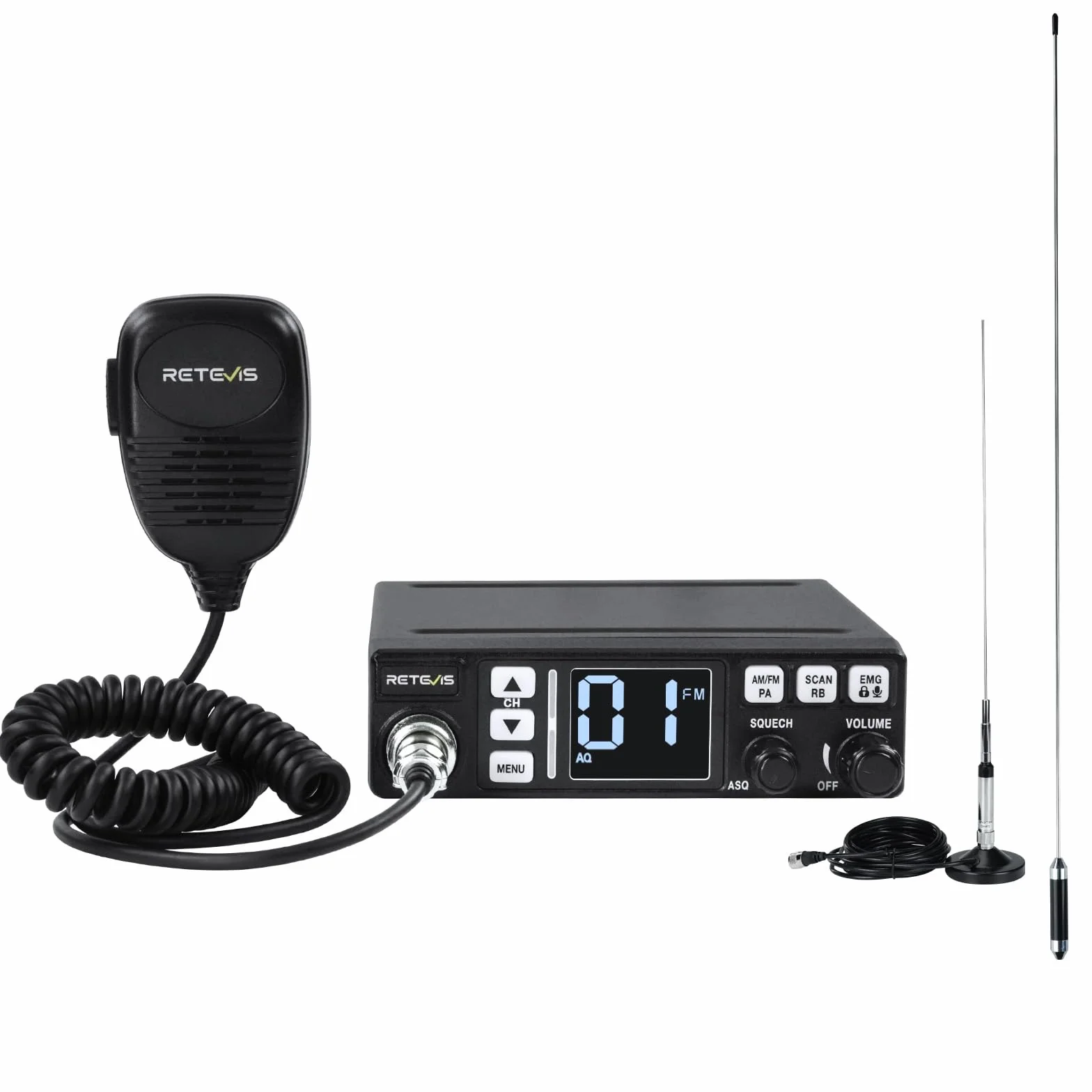 Retevis MB63 Radio CB Mobile Kit Complet avec Antenne AM/FM/PA Écran LCD VOX SQ/ASQ EMG CH9/19 Noir