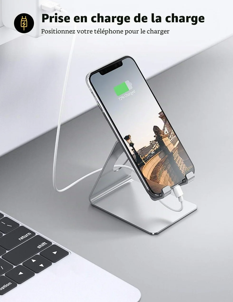 Lamicall Support Téléphone, Dock Téléphone - Support Téléphone Bureau pour iPhone 17 Pro Max Air, 16/15/14/13/12 Pro Max Plus Mini XS XR X 8, Huawei, Samsung S10 S9 S8, d'autres Smartphones - Argenté