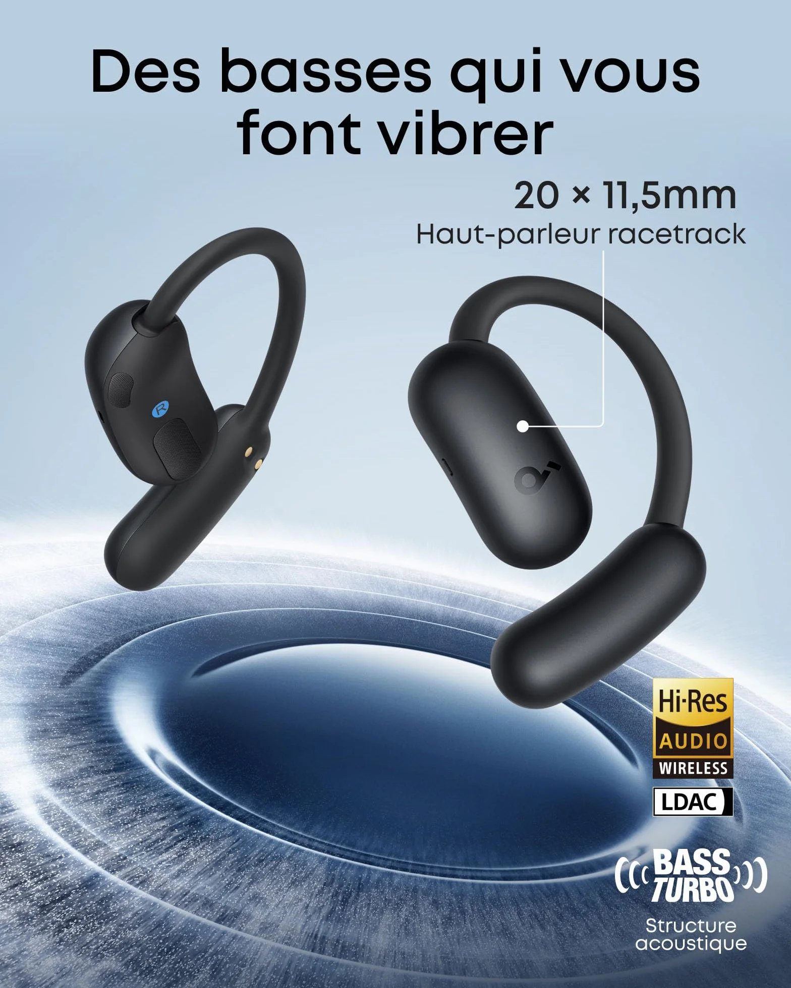 soundcore AeroFit 2 by Anker, écouteurs oreilles libres, 4 positions réglables, basses 2x plus riches, Hi-Res, autonomie 42h, IP55, appels clairs avec IA, chargement sans fil, traduction en temps réel