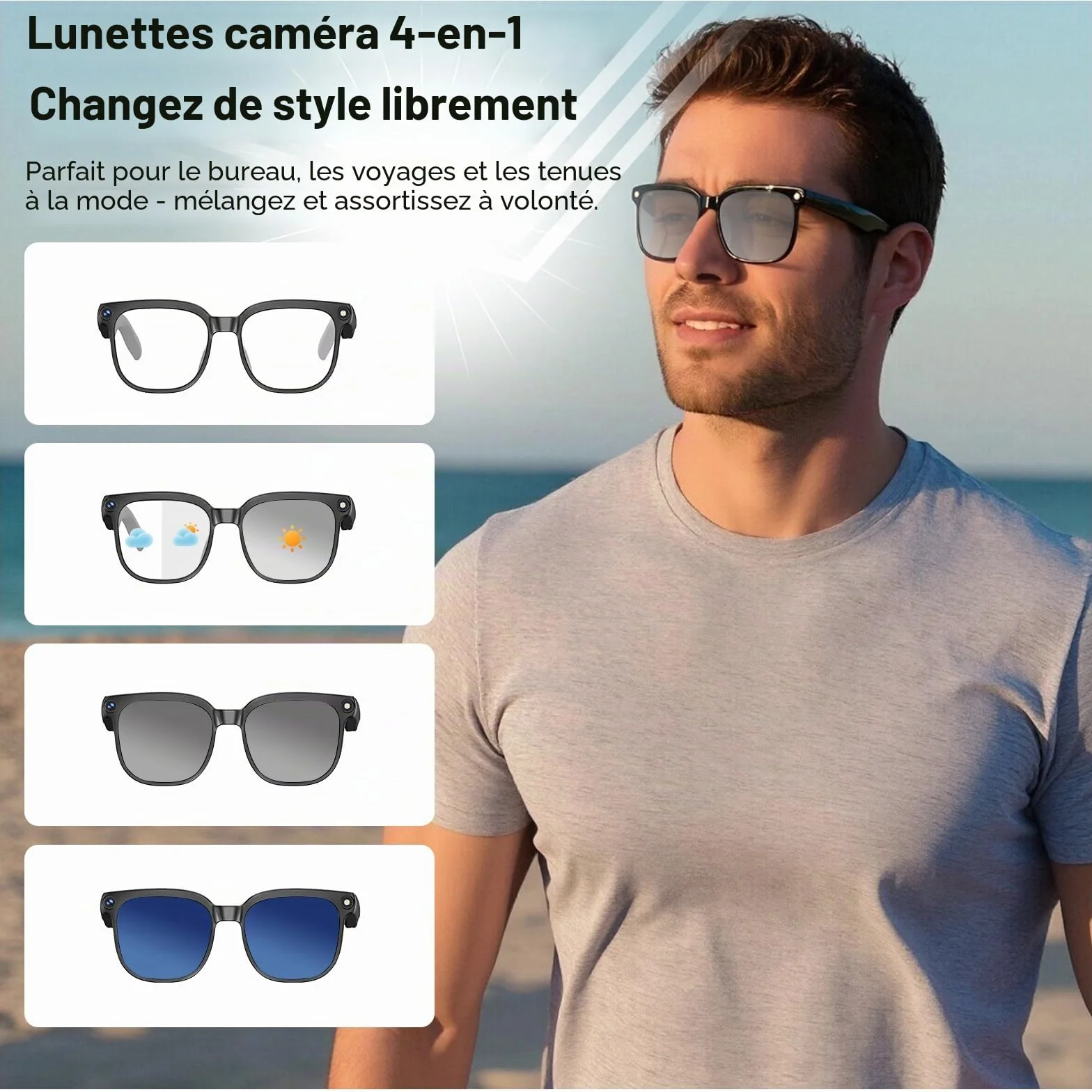 Lunettes AI Smart Camera - Vidéo HD 1080p, Photo, Traduction vocale : avec Verres de Protection Solaire/lumière Bleue interchangeables, Utilisation en extérieur, randonnées à vélo, randonnée
