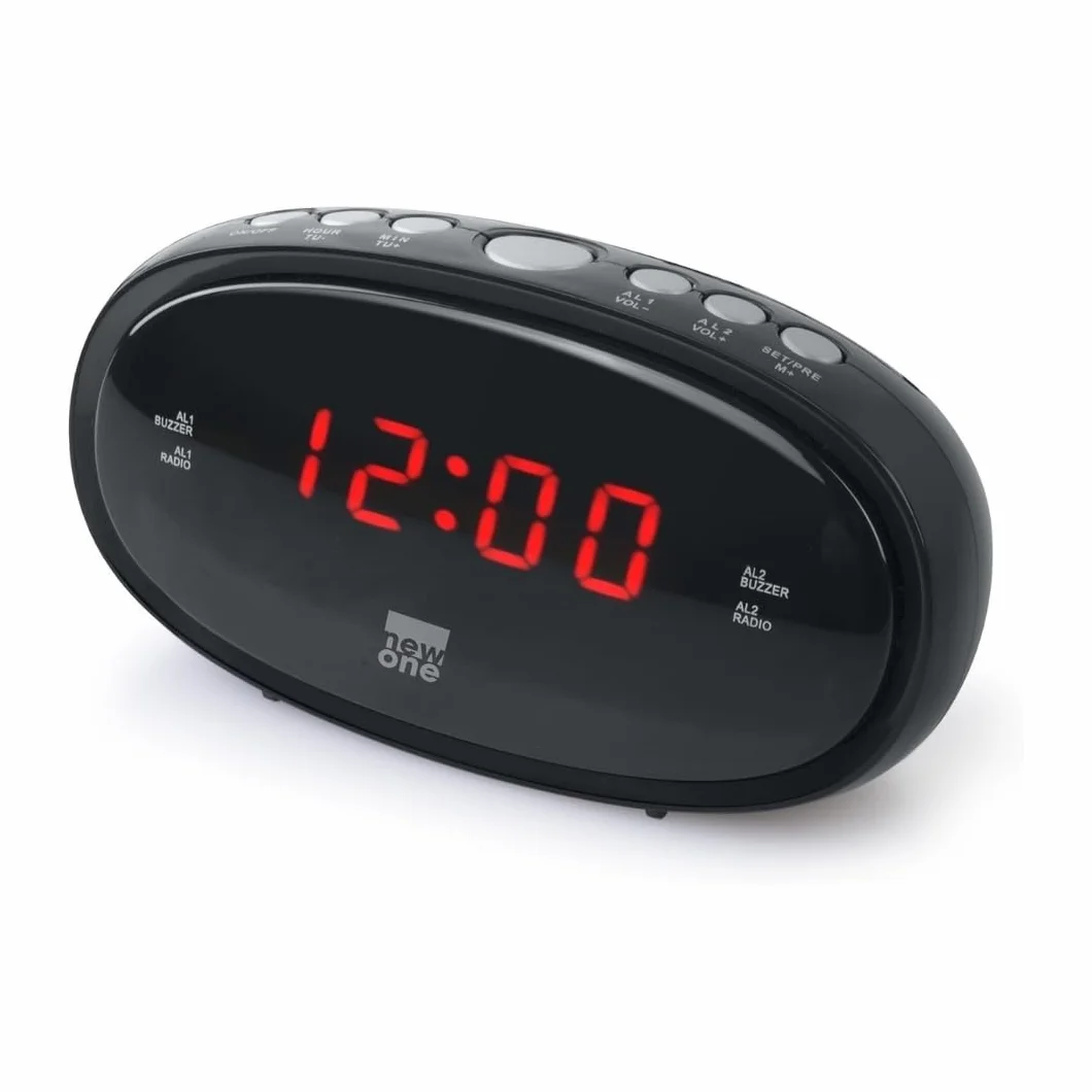 New One CR-100 Radio-Réveil avec Grand Écran LED | Double Alarme, Fonction Répétition, Radio FM, Luminosité Réglable, Alimentation Secteur + Sauvegarde Piles