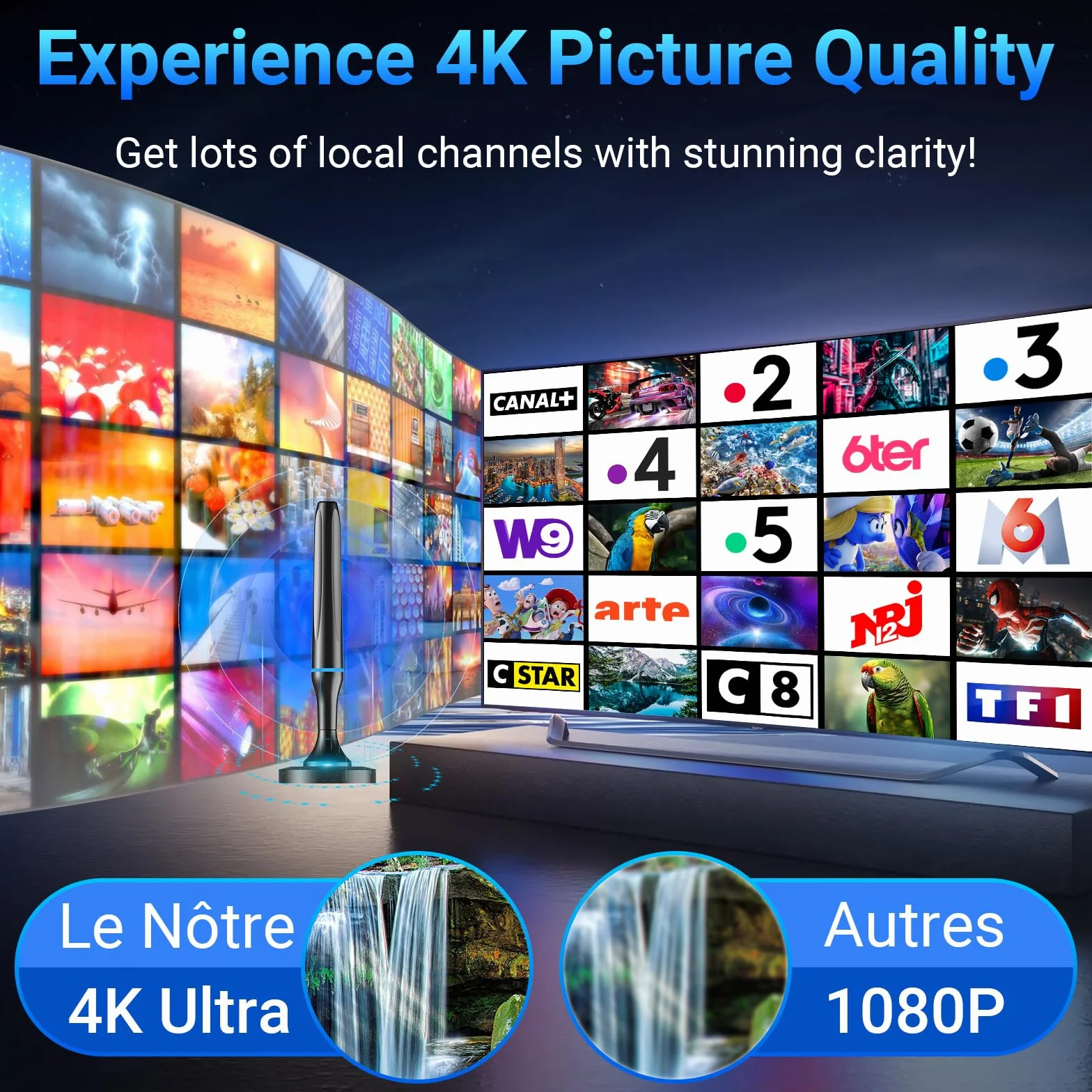 Antenne TV Intérieur Puissante TNT HD, 2026 Puissante Antenne TV Intérieur de Base magnétique puissante - 80km Réception Longue Portée à 360°, Compatible avec Portable 4K 1080P et Tous Les TVs (Bleu)