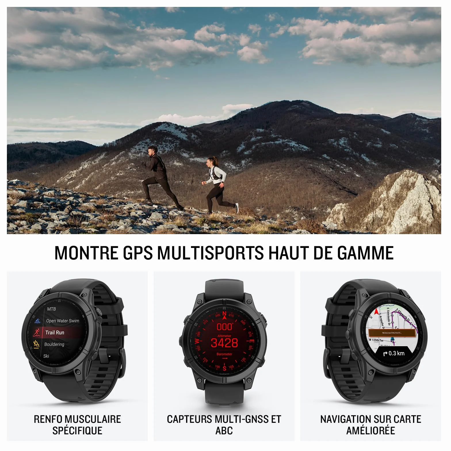 Garmin fēnix® E - Montre GPS Multisports AMOLED – Acier Gray avec Bracelet Noir