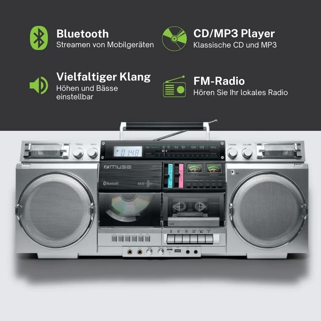 Muse M-380GBS Boombox Cassettes rétro Lecteur CD AUX Bluetooth Compatible Smartphone Enregistreur Cassette Design Vintage