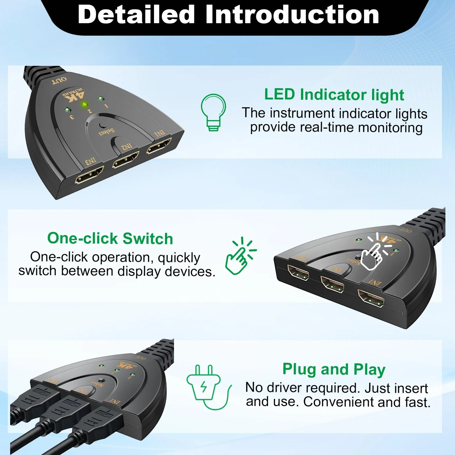 Multiprise HDMI Switch 4K 3 Entrée 1 Sorties, Commutateur HDMI 4K avec Câble, Commutateur UHD 3D HDR pour TV PC Games Consoles Projecteur TV Stick