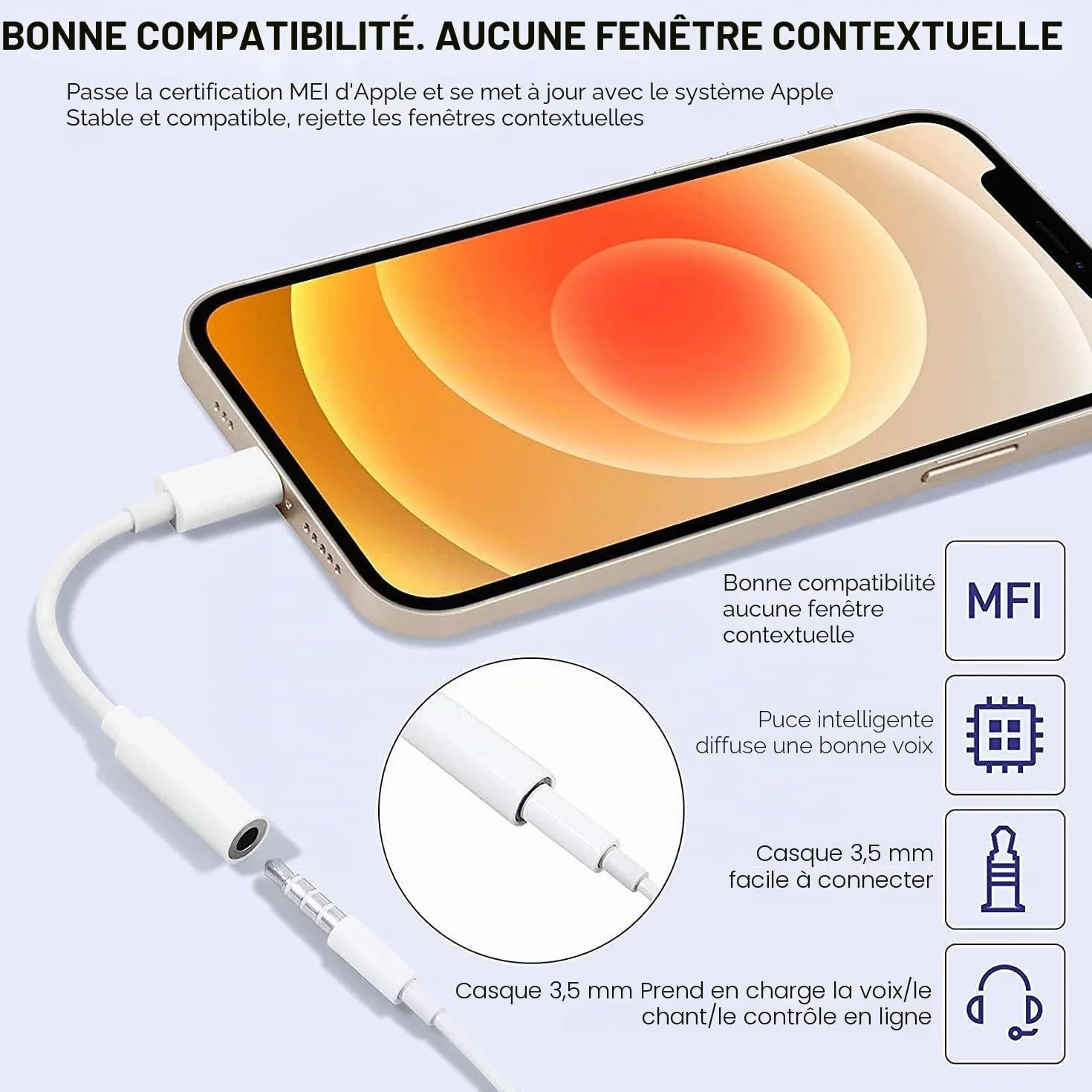 Adaptateur Lightning vers Jack 3,5 mm MFi pour iPhone 14/13/12/11/Xs/XR/X/8/7 - Lot de 2