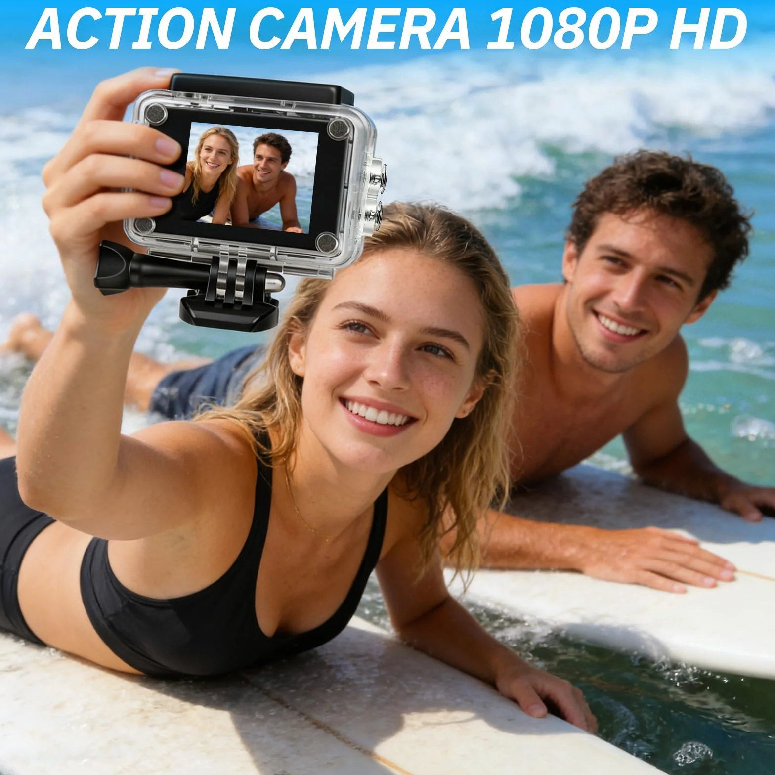 Caméra Sport 1080P Etanche 30M Grand Angle avec Carte Mémoire 32GB et Deux Piles Rechargeables 900mAh