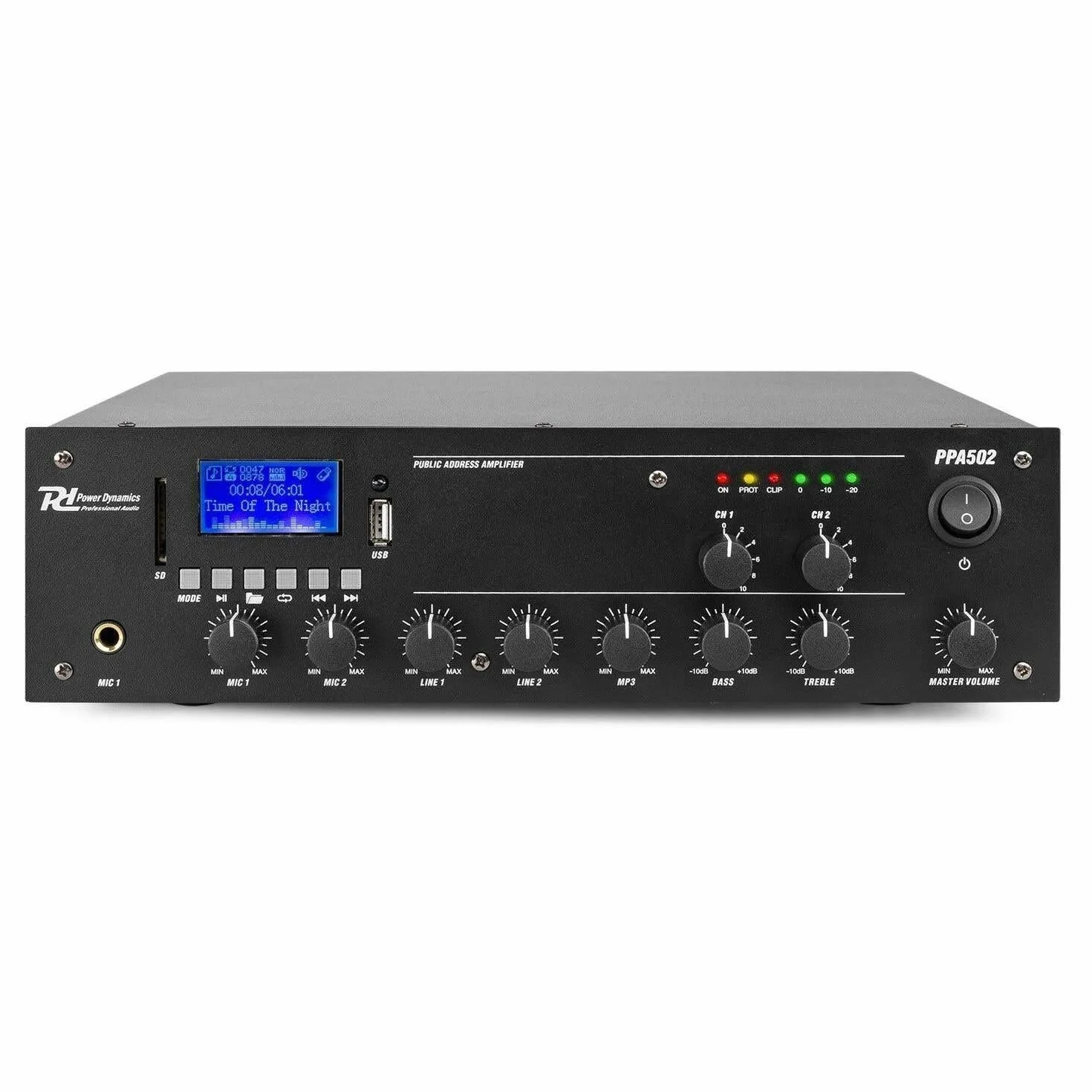 Power Dynamics PPA502 Amplificateur 2 Zones Bluetooth 100V 50W Lecteur MP3 USB Télécommande Entrée Ligne Prise 6,3mm