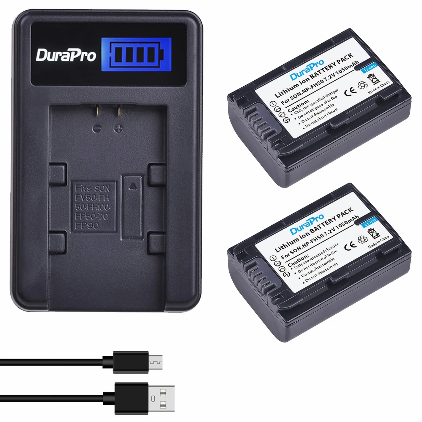 DuraPro Lot de 2 Batteries NP-FH50 NP FH50 + Chargeur de Batterie LCD USB pour Sony NP-FH30, NP-FH40, NP-FH50, NP-FH60, NP-FH70, NP-FH100, série H, Sony DCR-SR32, DCR-SR33,DCR-SR35,DCR-SR36,DCR-SR48