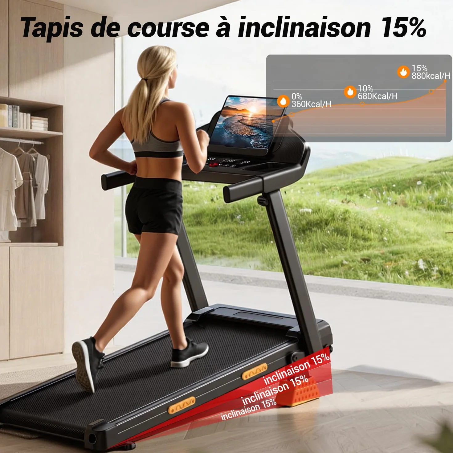 LONTEK Tapis de Course Pliable Inclinable 15% 12KM/H Moteur 3,0 CV Charge Max 136KG