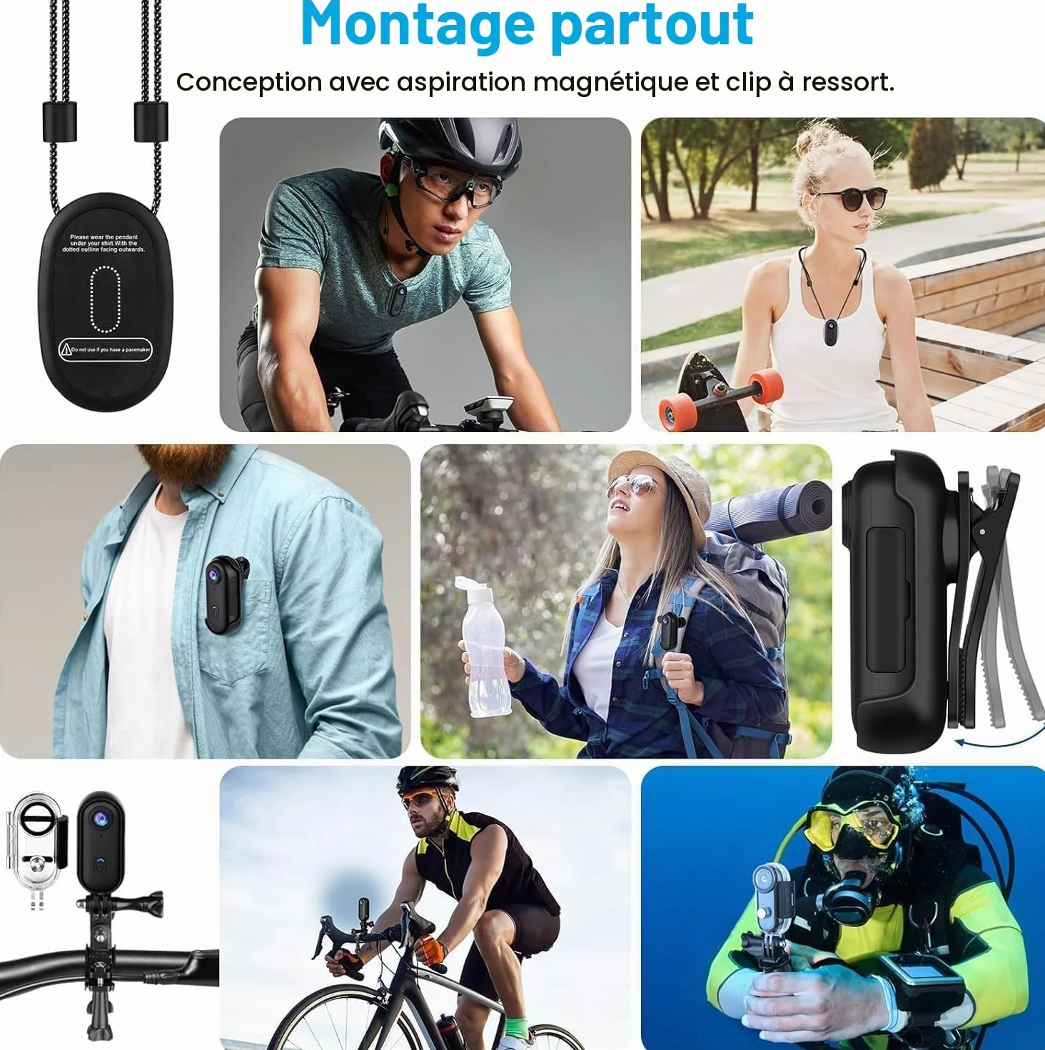 Mini Caméra Vlog Sport 4K, Caméra Sport 360° avec Clip Rotatif, Enregistrement Pendant Charge, Clip Magnétique, Action Caméra Casque Moto