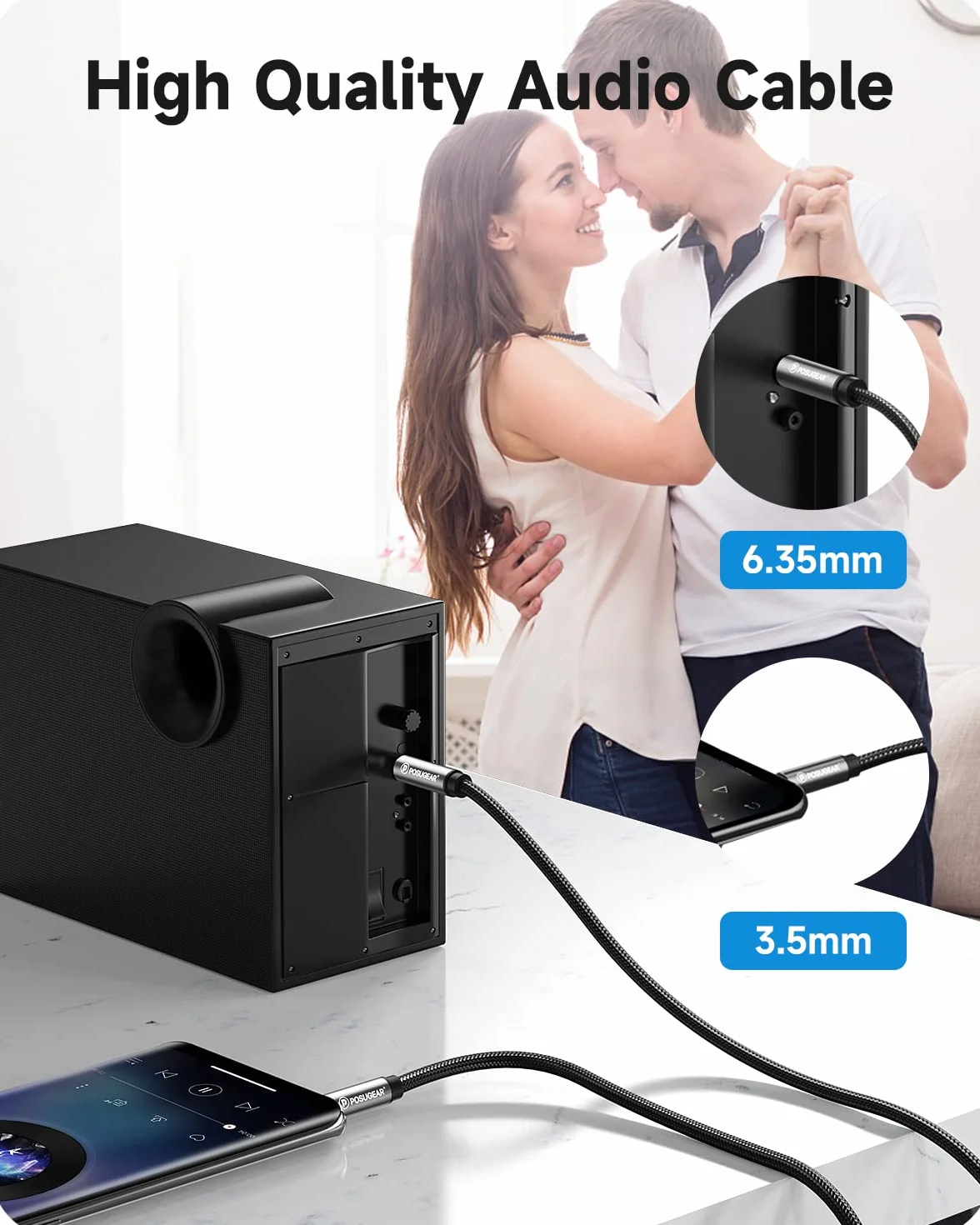 POSUGEAR Câble Audio 3.5mm vers 6.35mm Stéréo Jack 3M, Nylon Tressé Jack Stéréo 6.35 Mâle vers 3.5 Mâle pour Lecteurs de DVD, Haut-parleurs, Table de Mixage, Cinéma Maison etc.