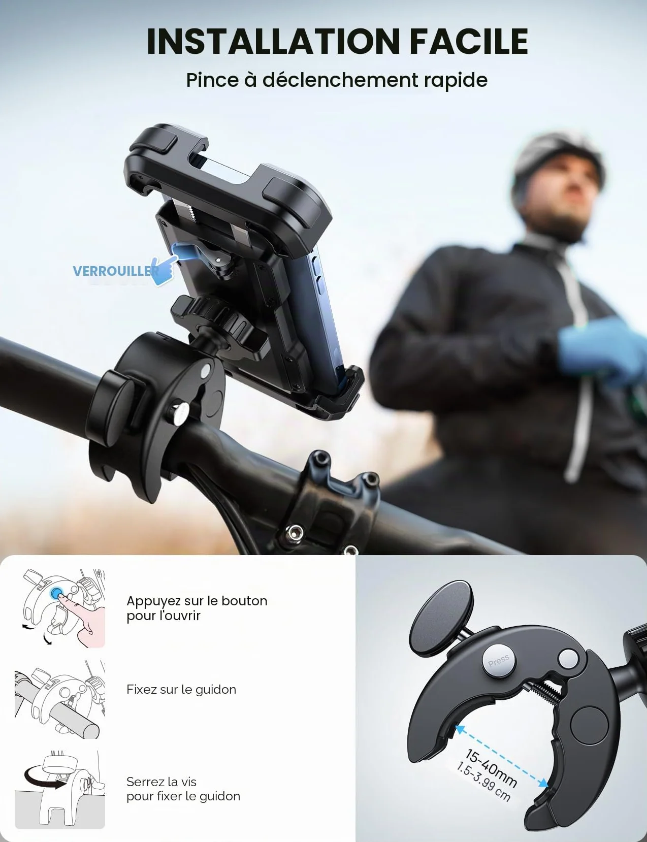 Lamicall Support Téléphone Moto, Support Téléphone Vélo - [Amélioré Pince de Guidon à Installation Rapide], Porte Téléphone Vélo pour iPhone 17/16/15/14/13 Pro Max, Xs XR, Android, Smartphone 4.7-6.8”