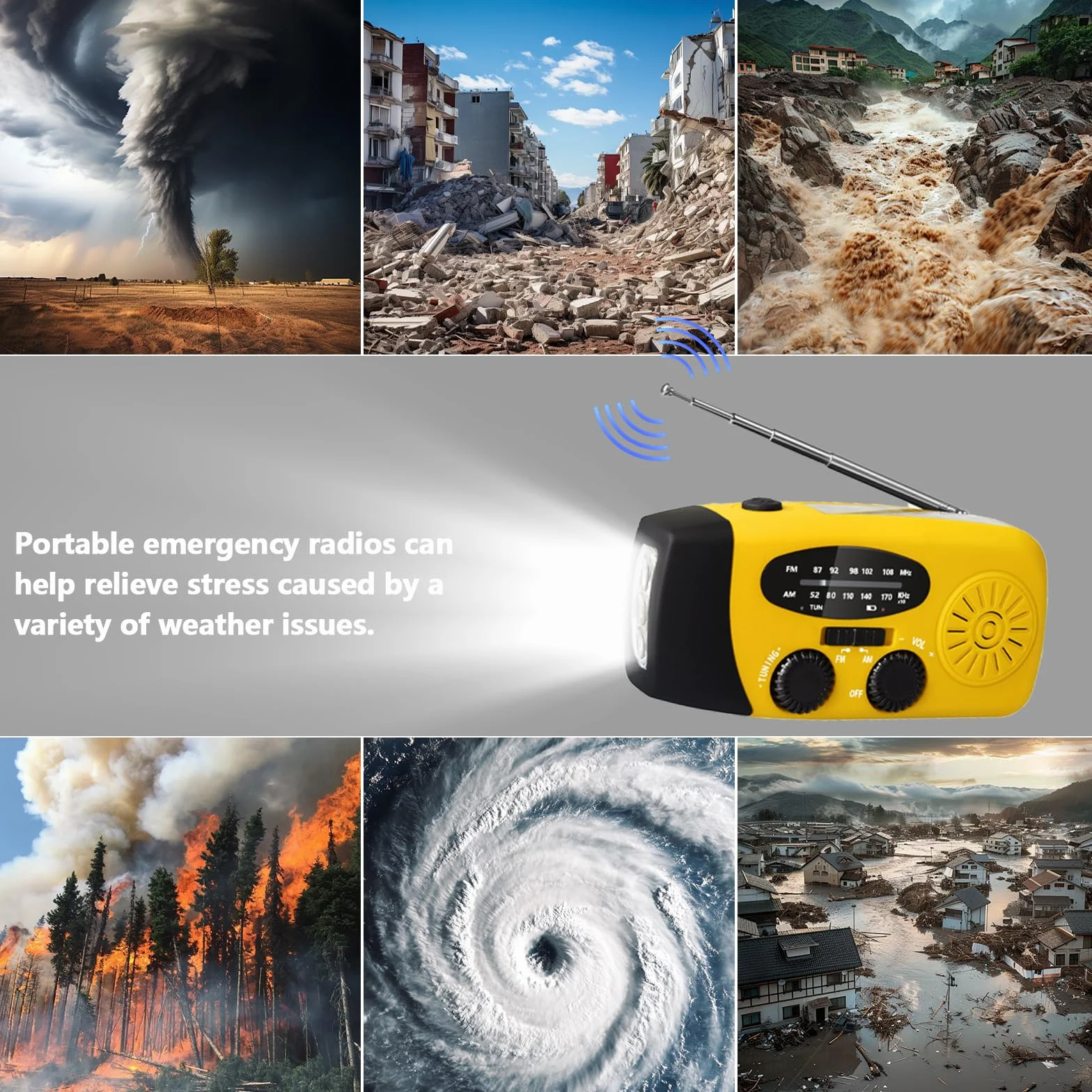 Radio à manivelle solaire LED AM/FM météo recharge téléphone portable camping randonnée urgence jaune