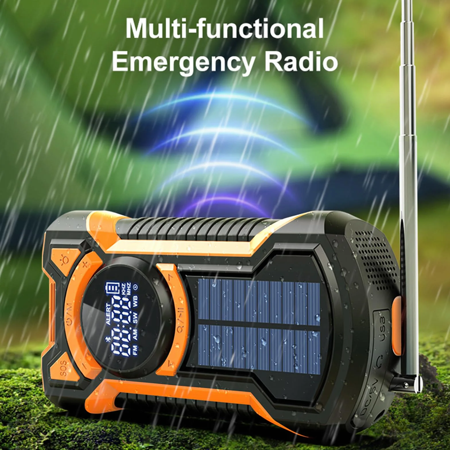 Rechargeable Portable Radio Dynamo avec Lampe de Poche LED, Power Bank 5000mAh AM/FM Radio Manivelle Solaire, SOS Alarm/Lampe Poch/3W Haut-parleurs, Outdoor, Emergency