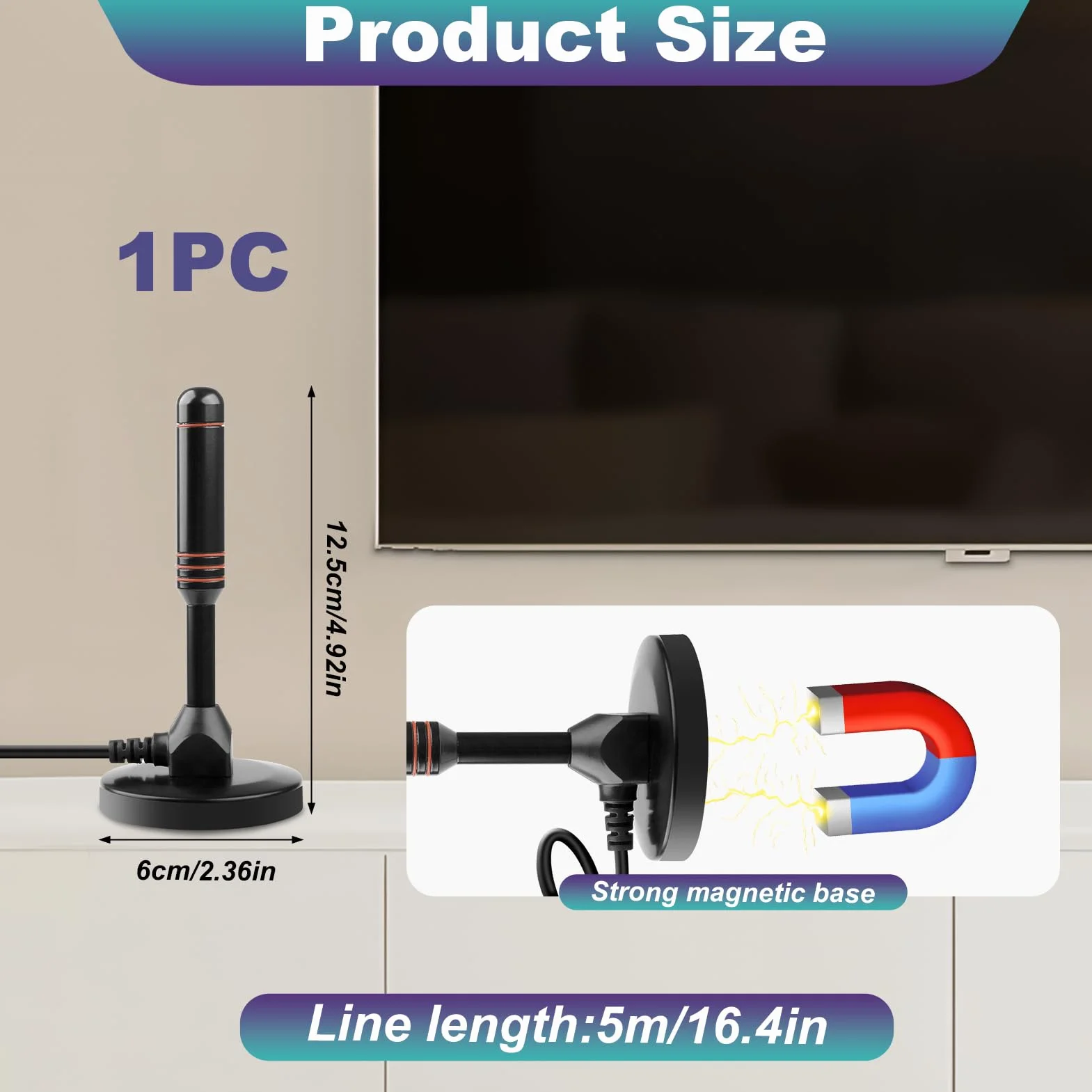 Antenne TV Intérieure Puissante TNT HD, Antenne TV Intérieur avec Amplificateur de Signal à Gain Élevé Base Magnétique Puissante Réception Longue Portée à 360° pour Signal Chaînes Locales