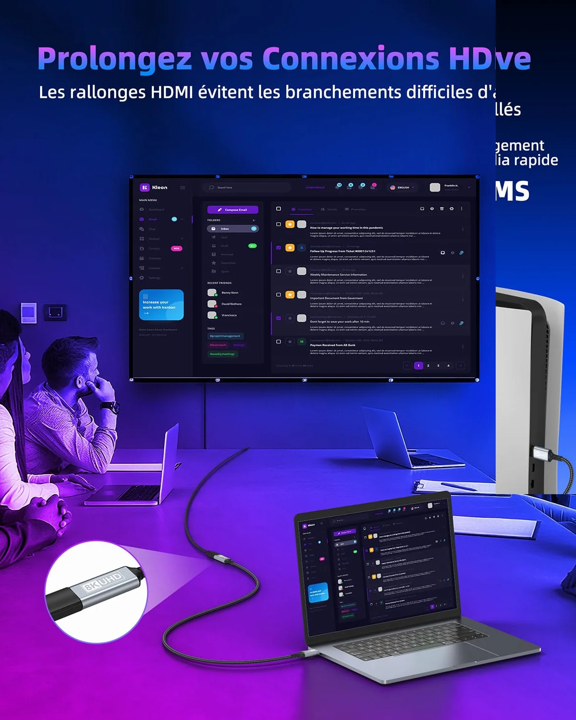 Rallonge HDMI 0.5M Câble, Câble d'extension HDMI 2.1 Mâle vers Femelle 8K@60Hz 4K@120Hz/144Hz 48Gbps, High Speed UHD eARC HDCP 2.3, Compatible avec TV Stick, HDTV, PS5/PS4