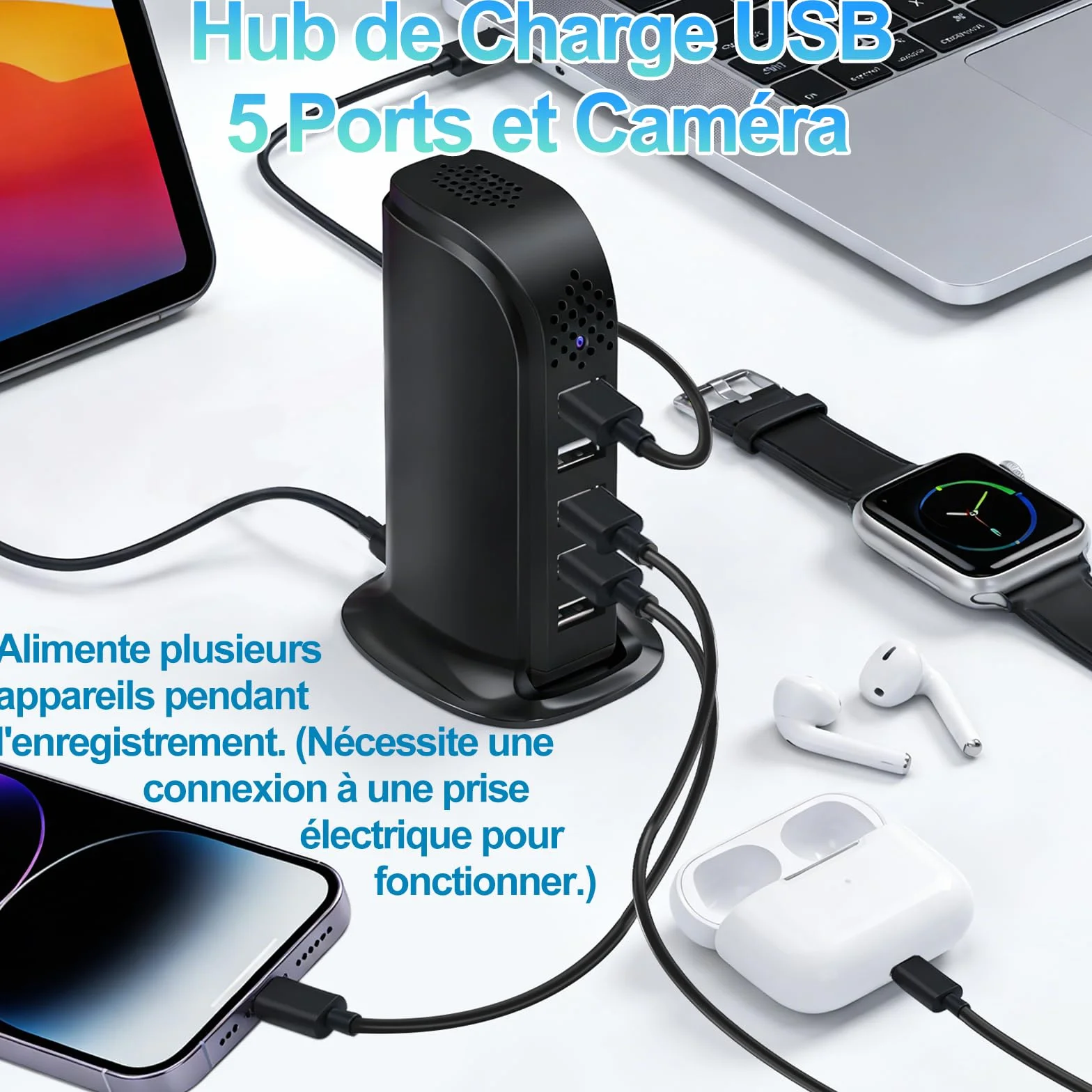 TANGMI Camera Espion, Hub de Charge 5-en-1 Mini Camera Espion sans Fil, WiFi 2.4G & 5Ghz 1080P HD avec Détection de Mouvement et Alertes Instantanées pour la Maison et Le Bureau