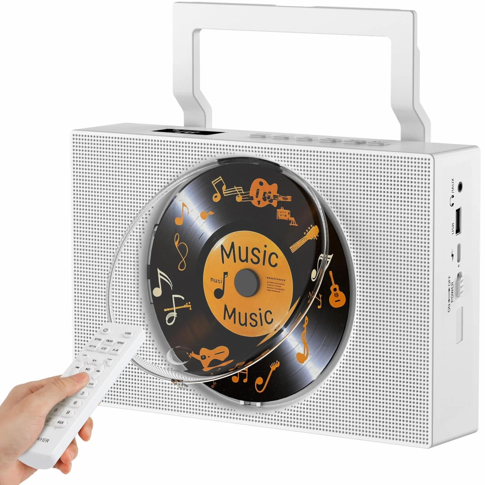 Lecteur CD Bluetooth Radio FM avec Poignée Haut-parleurs Télécommande AUX 3,5 mm Prise Casque USB Type-C Lecteur MP3