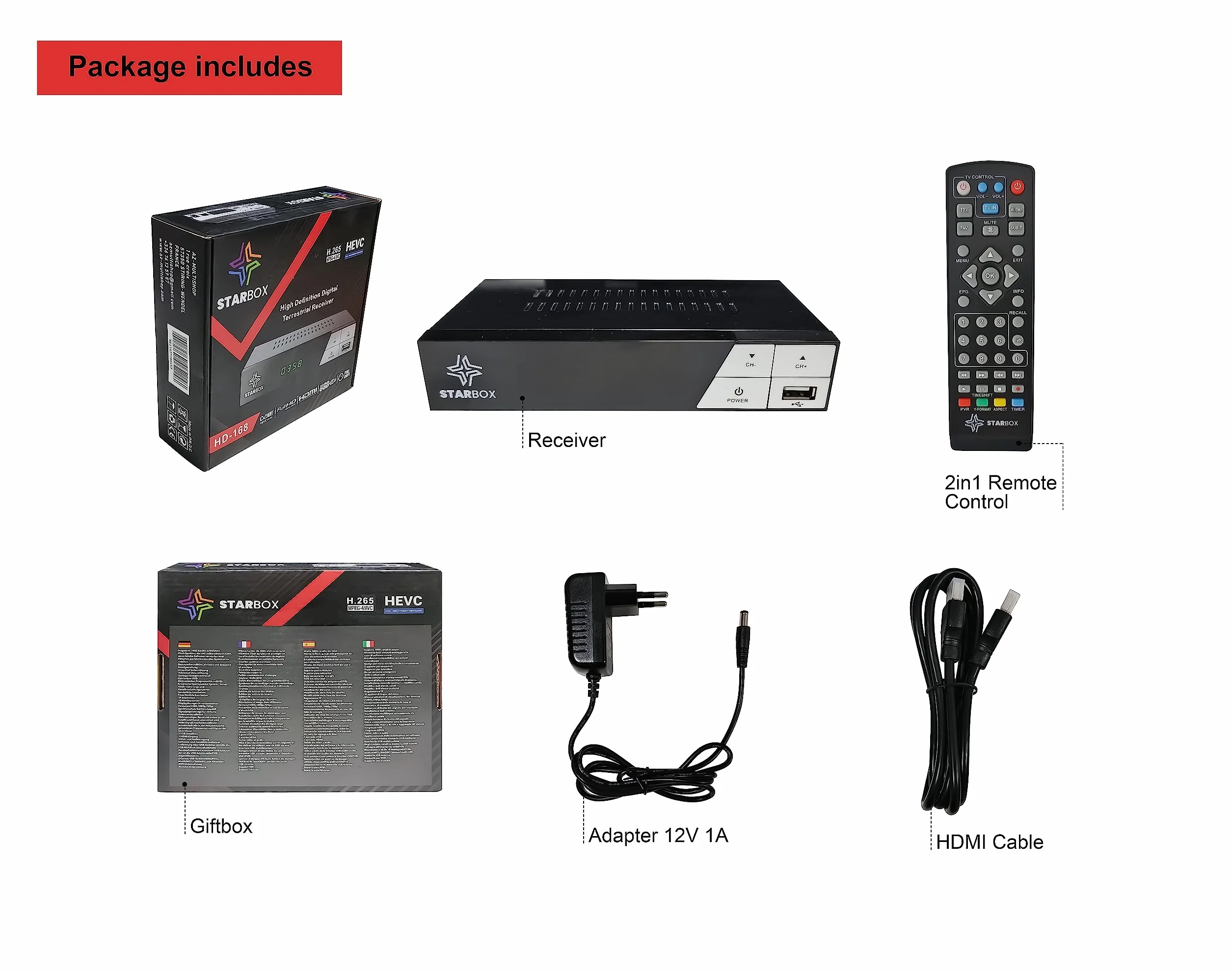 Décodeur TNT HD-168+ DVB-T2/DVB-C Full HD 1080p H.265 USB HDMI Péritel Télécommande Universelle 2-en-1