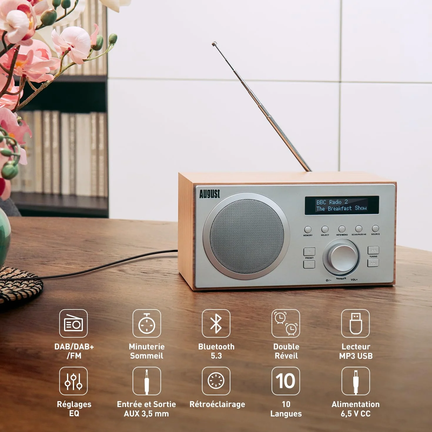 August MB420 Radio Dab Bluetooth, Radio Dab+/FM Numérique avec Double Réveil, 60 Présélections, Haut-Parleur HiFi 5W, Minuterie Sommeil, Snooze, USB & Entrée/Sortie AUX, Secteur pour Cuisine & Maison