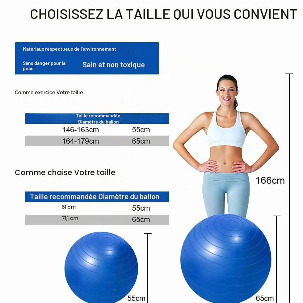 Flintronic Ballon Fitness Anti-Explosif Ultra-Épais avec Pompe Pied, Balle de Yoga 65/55cm