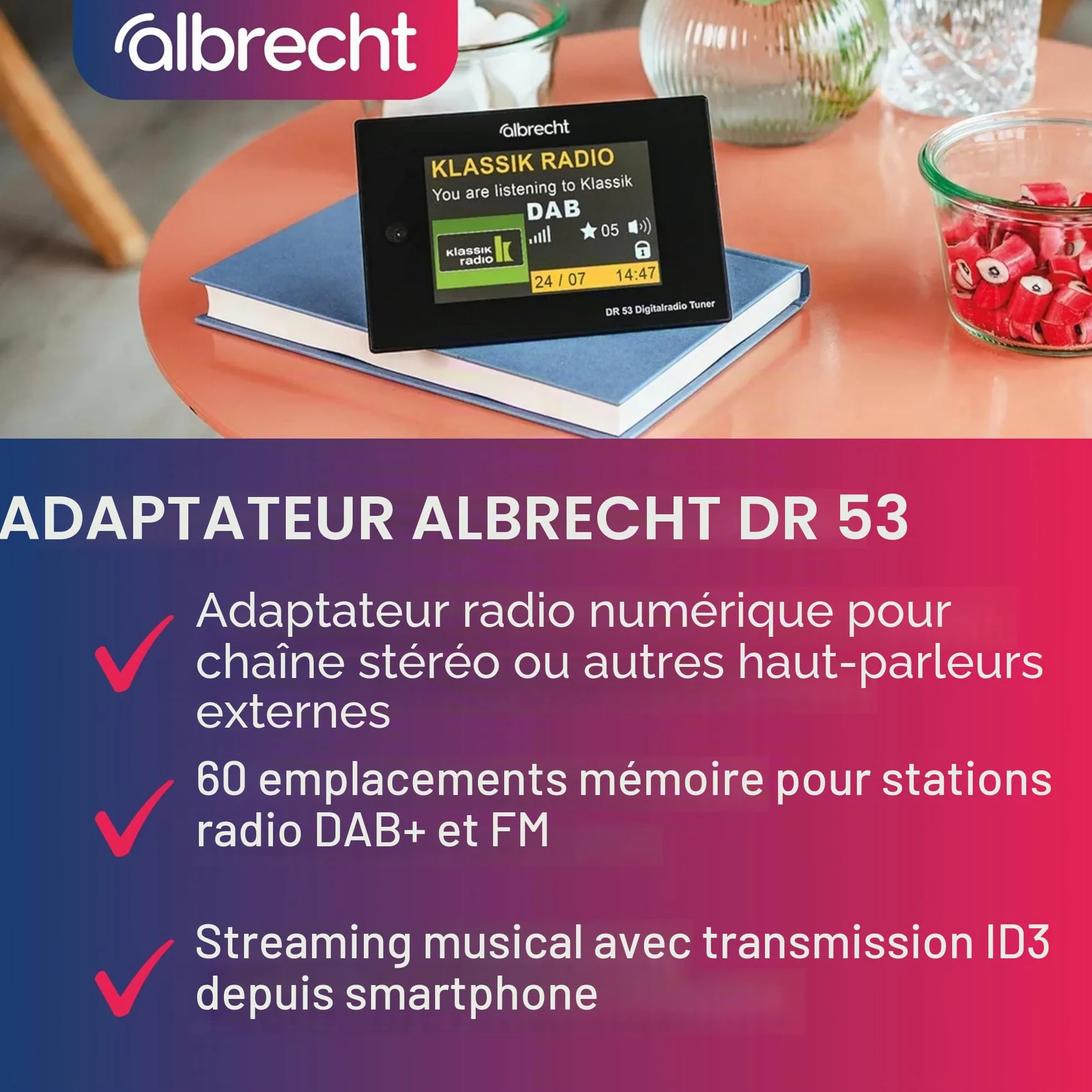 Albrecht DR53 27251 Tuner Radio numérique Dab+/FM avec écran Couleur 4" pour Connexion à la chaîne stéréo avec télécommande