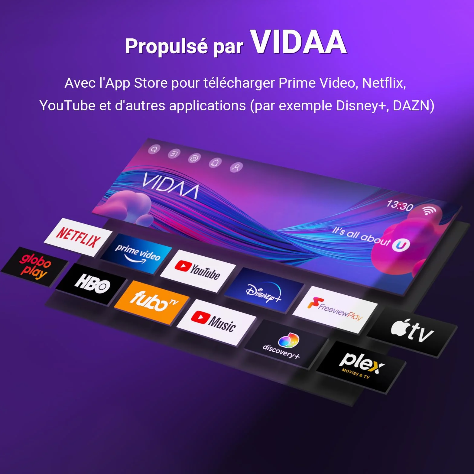 TuTu TUV32FN1B Smart TV 32 Pouces 80 cm Full HD sans Bord Connectée Télévision WiFi Bluetooth App Store AirPlay Triple Tuner