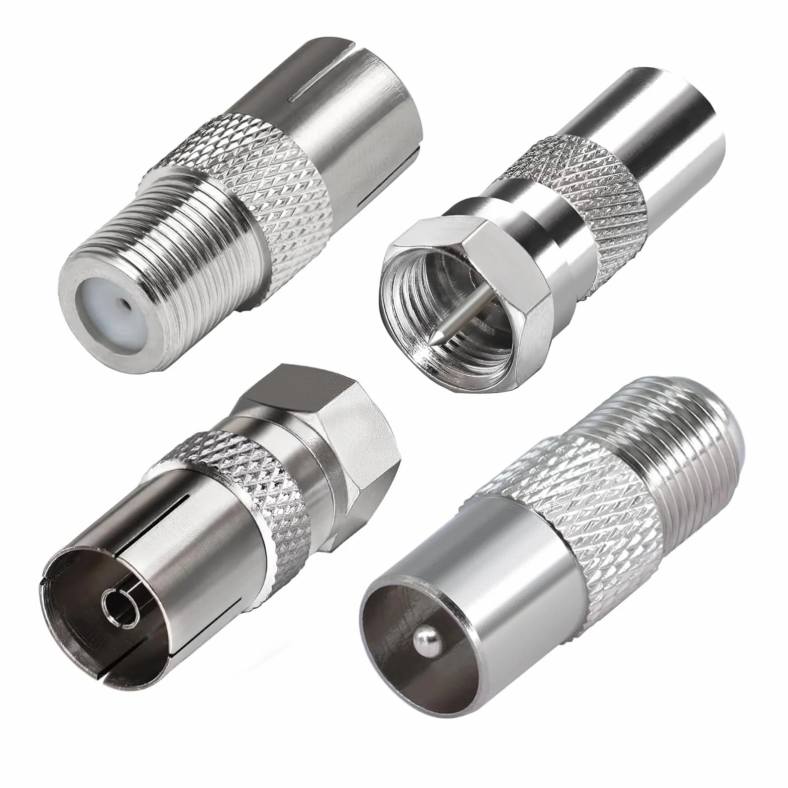 4 Pièces Adaptateur d’Antenne TV F Mâle vers Femelle, Adaptateur Coaxial TV, Connecteur Coaxial RF Nickelé pour Câble Satellite TNT Modem Routeur Récepteur, Raccord Antenne Murale Audio Vidéo