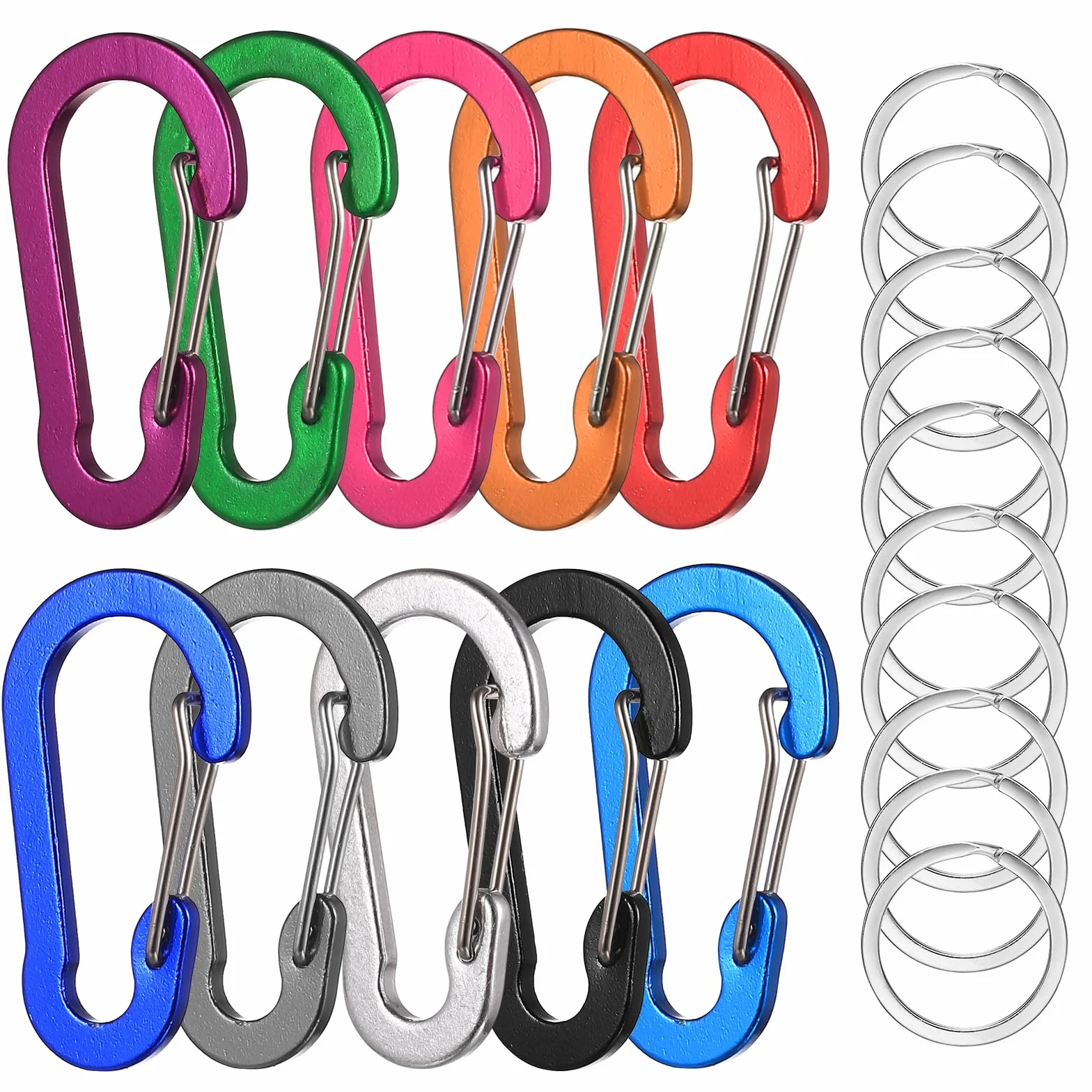 Mousquetons en Aluminium Colorés Porte-clés avec Anneau pour Randonnée Sac à Dos Pêche Camping 10 Pièces