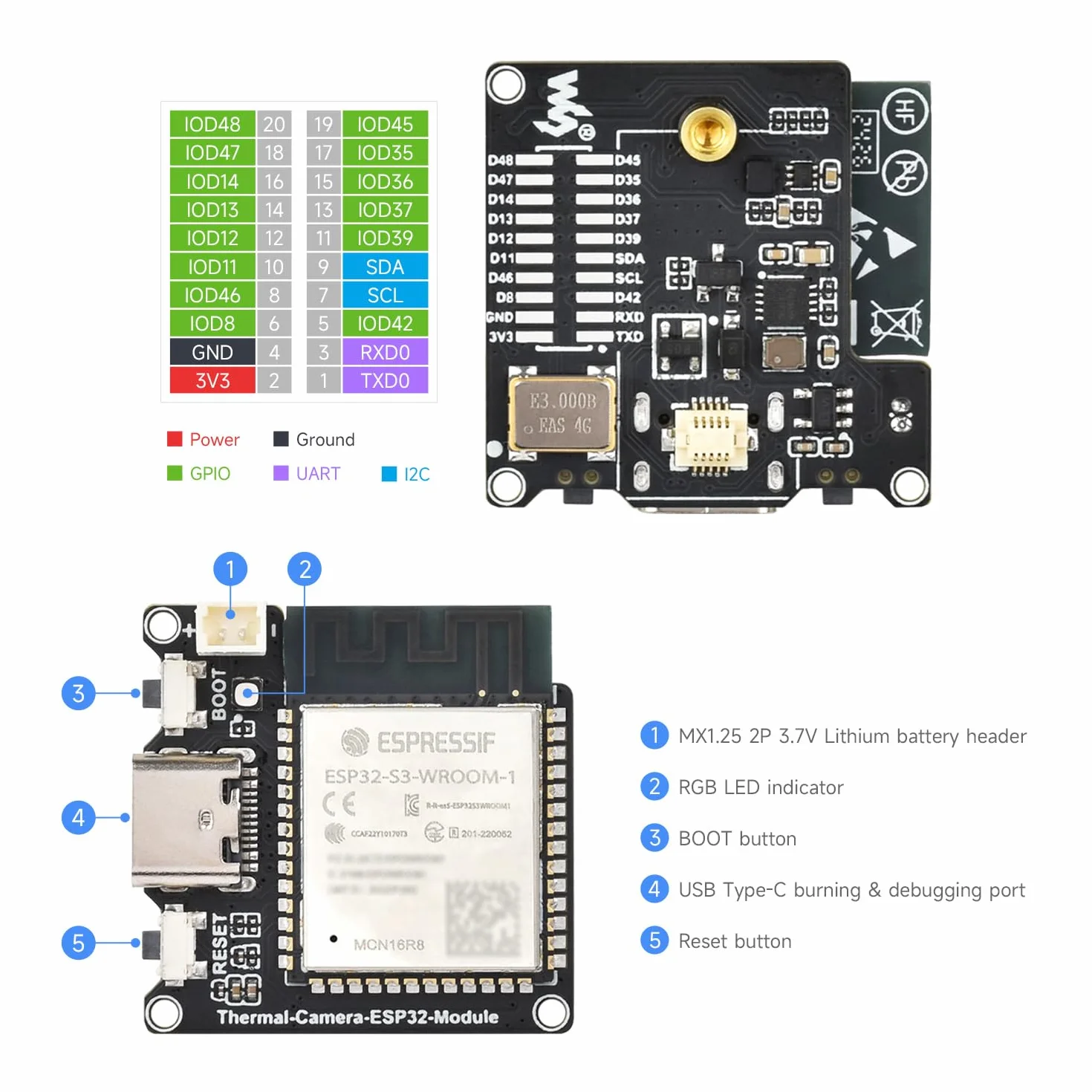 Waveshare ESP32-S3 Infrared Wireless IR Thermal Imaging Camera Module, Type-C Port, 80x62 Array Pixels Basic Version 45 ° Field of View Angle