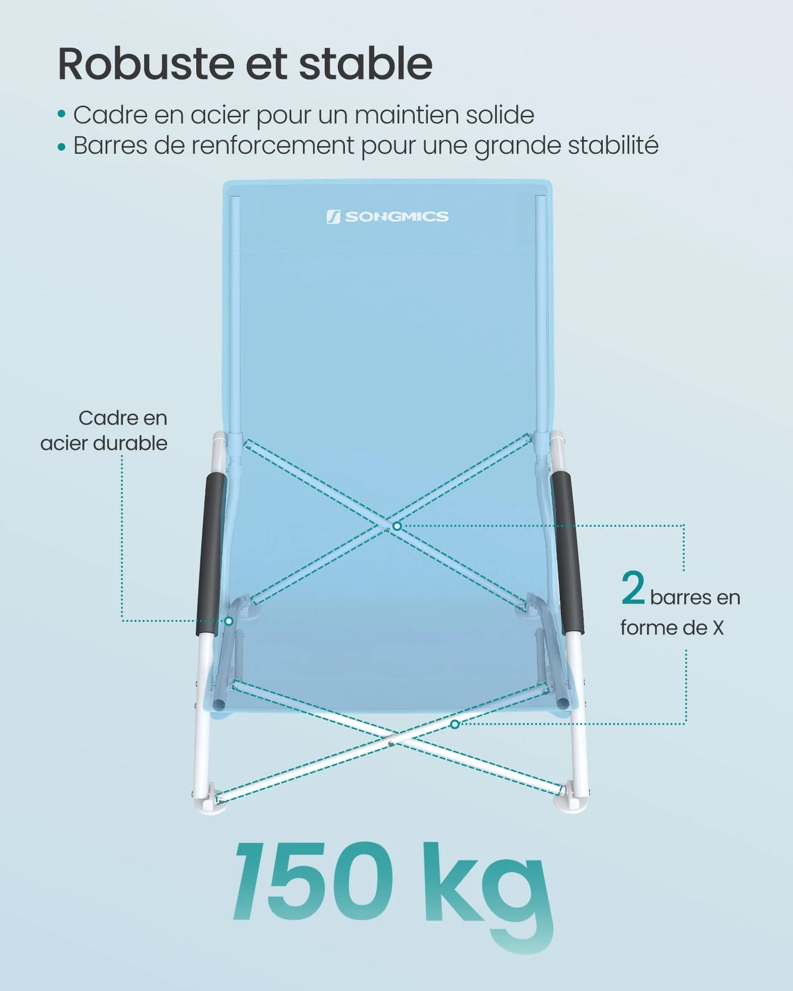 SONGMICS Chaise de Plage Pliante Portable Dossier Haut Grande Capacité de Charge Bleu Clair GCB61BU
