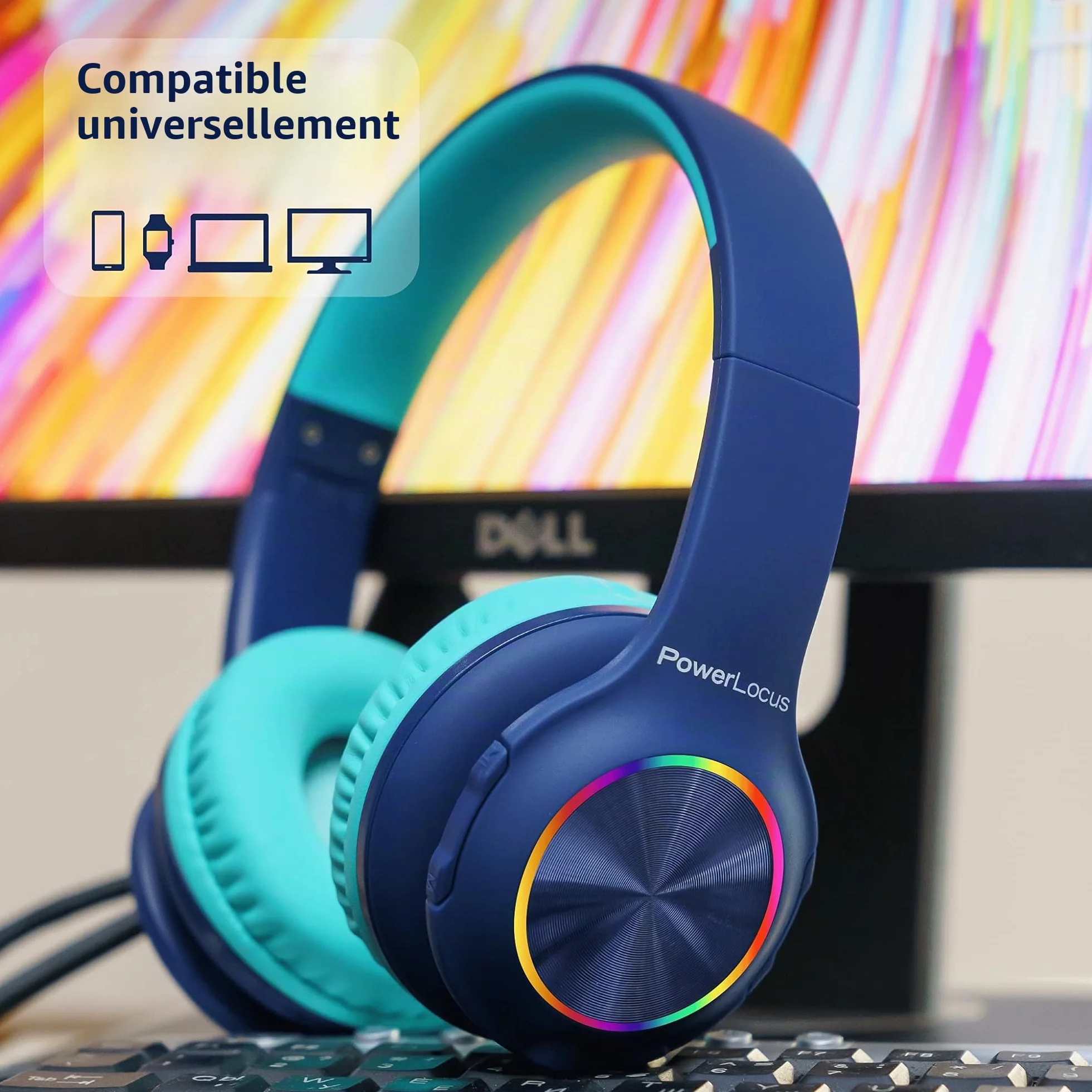 PowerLocus Casque Bluetooth Pliable sans Fil pour Enfant avec Lumières LED, HD Stéréo, USB-C Recharge Rapide, Micro intégré, SD Mode et Filaire pour iPhone/Tablettes/TV