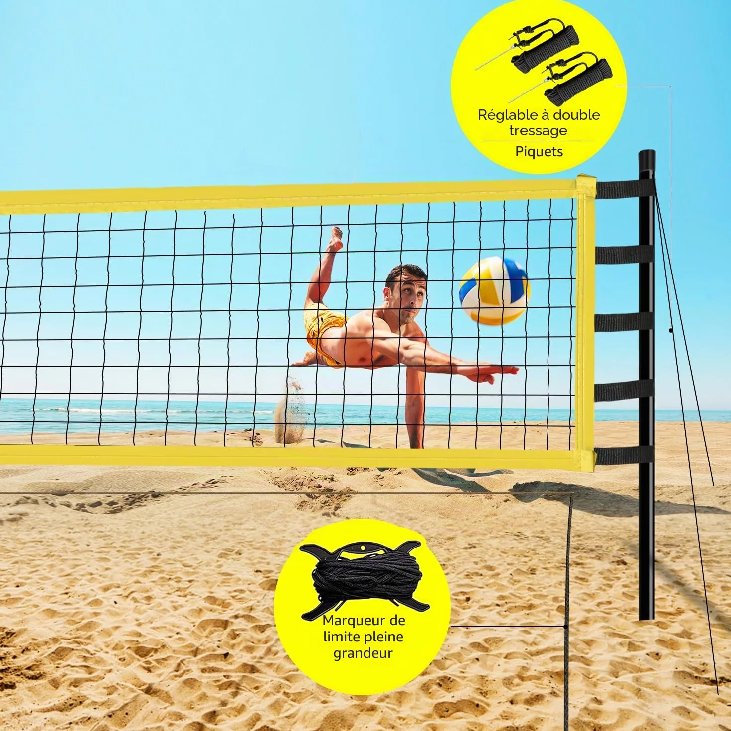 Ensemble de Filet de Volleyball 9.5m x 1m avec Poteau en Acier, Hauteur réglable