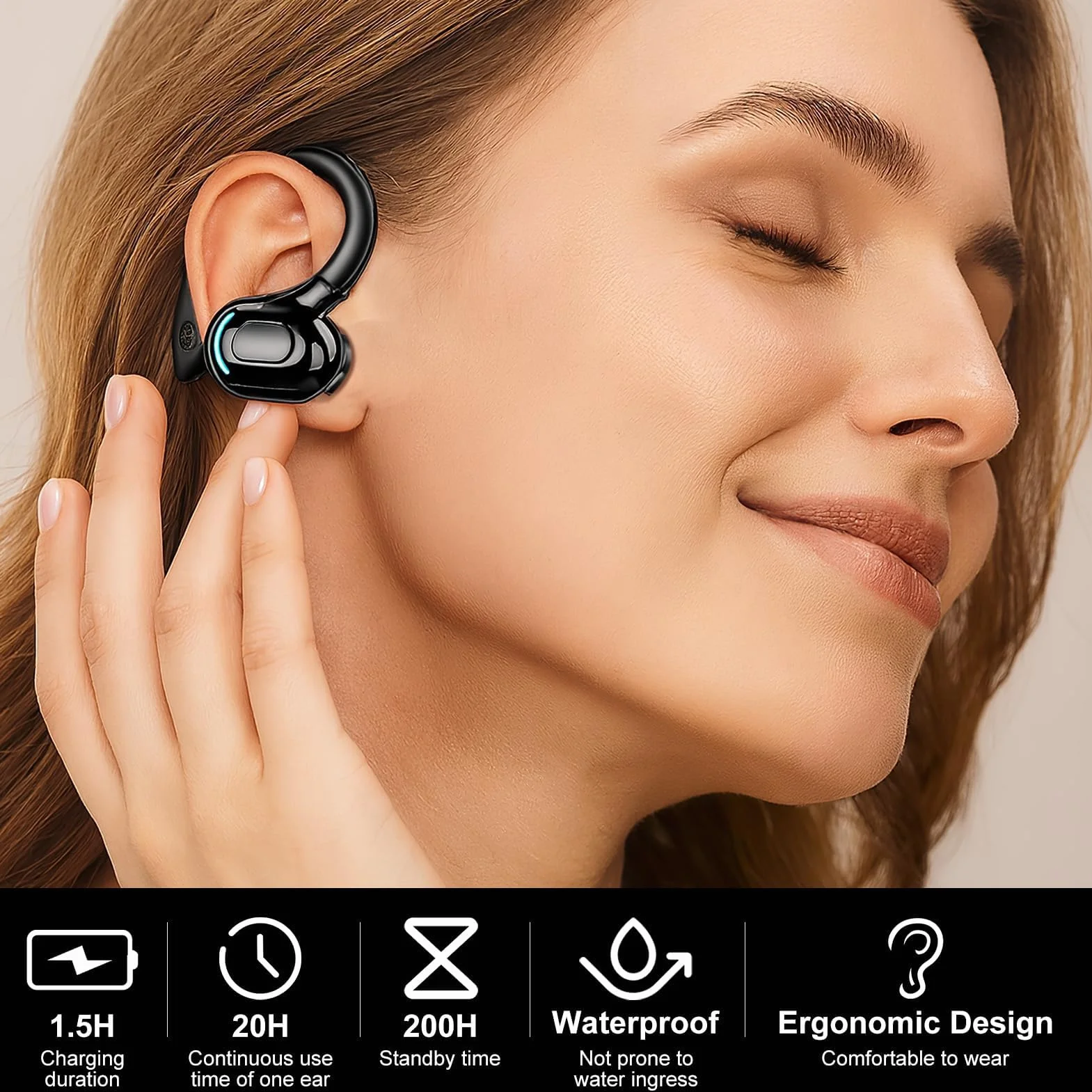 Oreillette Bluetooth sans Fil V5.2 avec Micro intégré Écouteur Mono Tour d’Oreille 360° 20h de Lecture pour iPhone Android PC Bureau Conduite Affaires Sport-Réduction du Bruit(Noir)