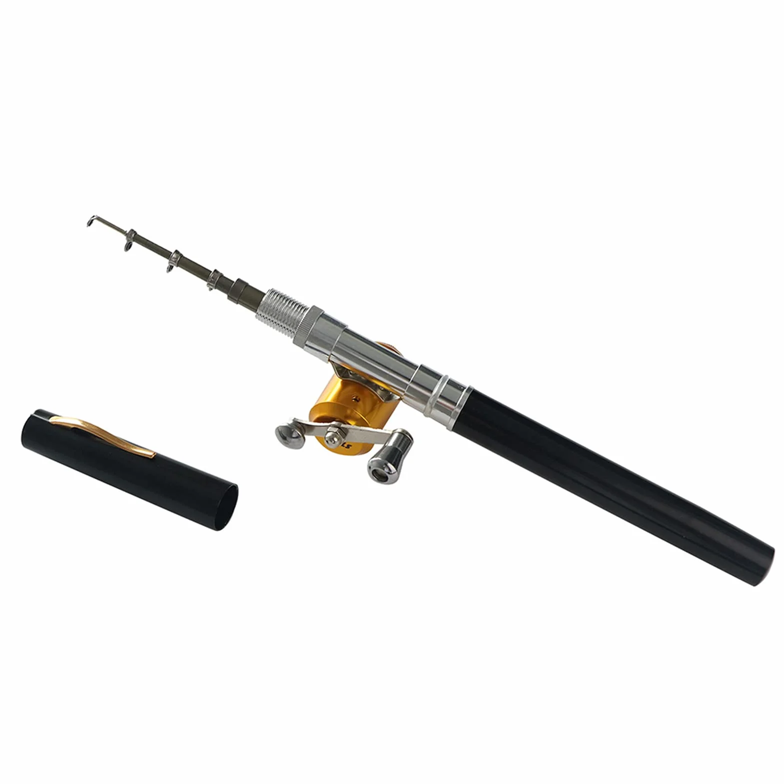 Mini Canne à Pêche Stylo Télescopique Aluminium 21cm Kit Combiné Moulinet Ligne Portable Voyage Eau Douce Salée
