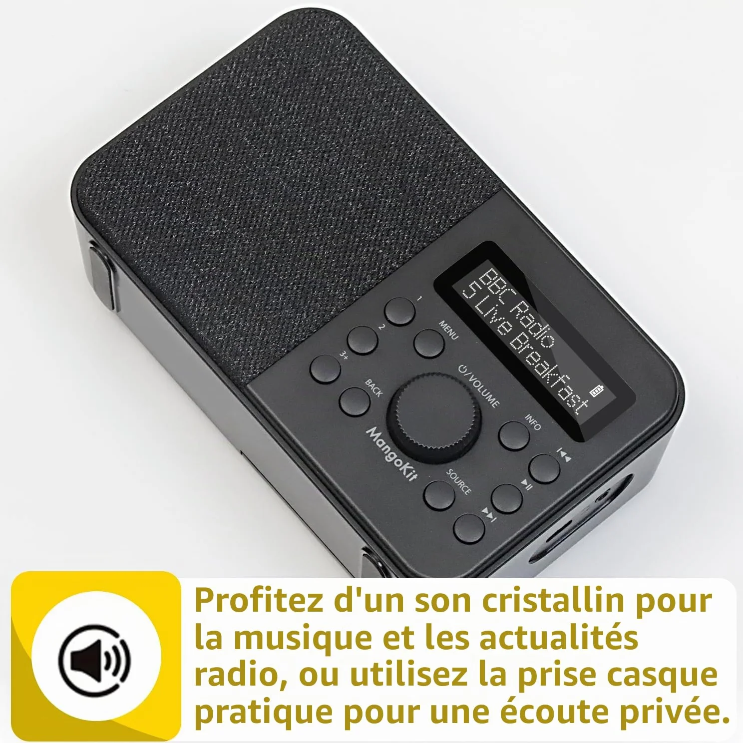 Radio Numérique DAB Portable FM Bluetooth avec Écran, Réveil, 40 Stations Préréglées - Noir